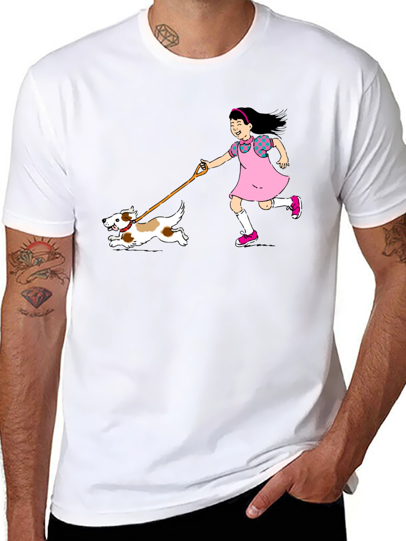 Girl and Dog Black T-Shirt - Fun Cartoon Design