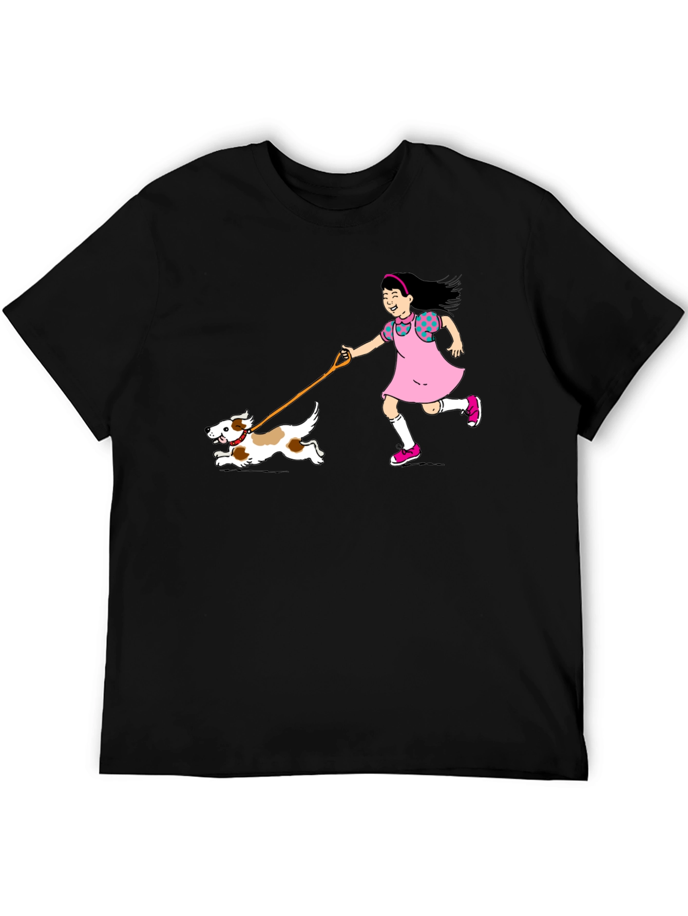 Girl and Dog Black T-Shirt - Fun Cartoon Design