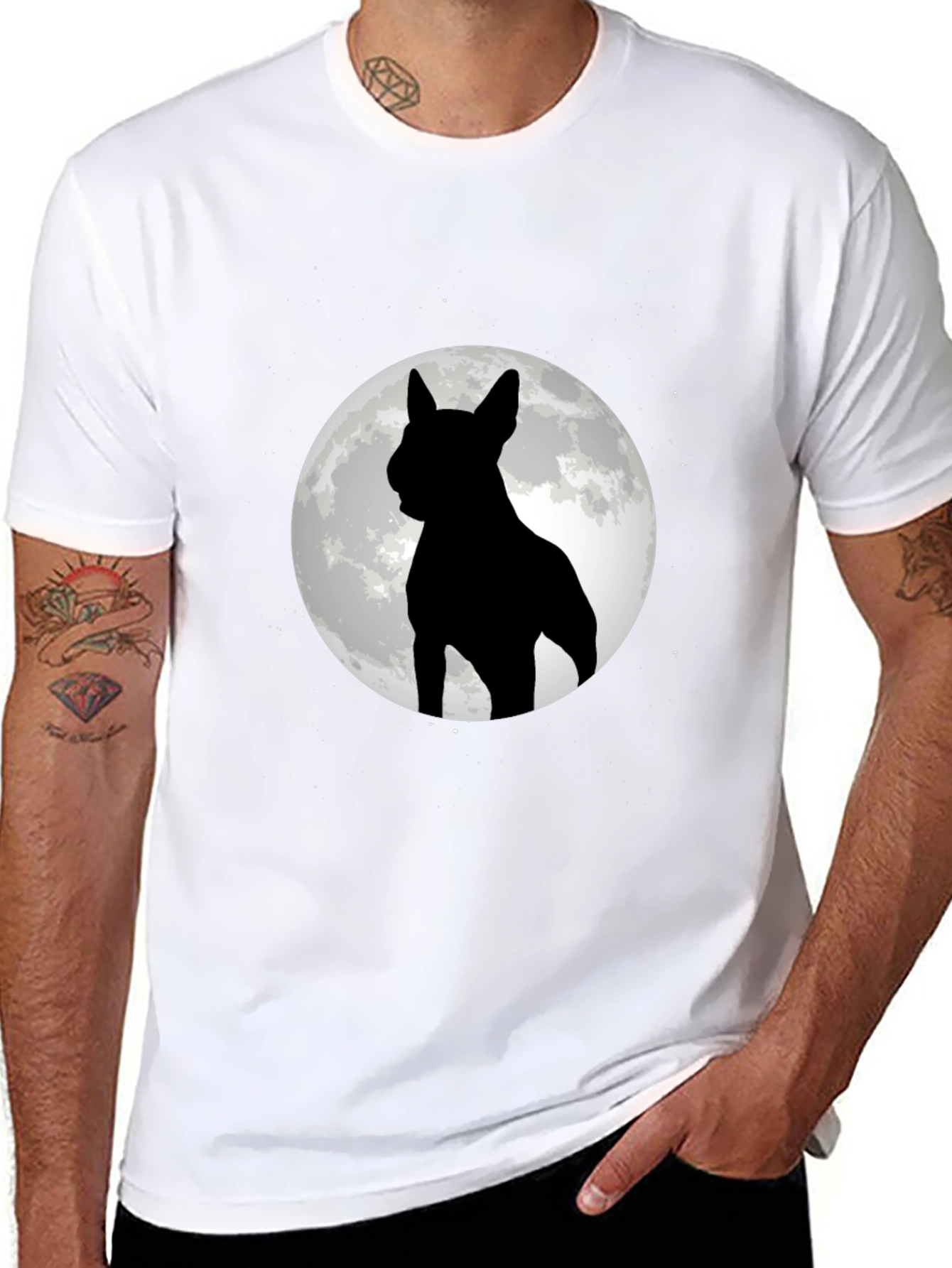 Dog Silhouette Moon Graphic Tee - Black Cotton Blend