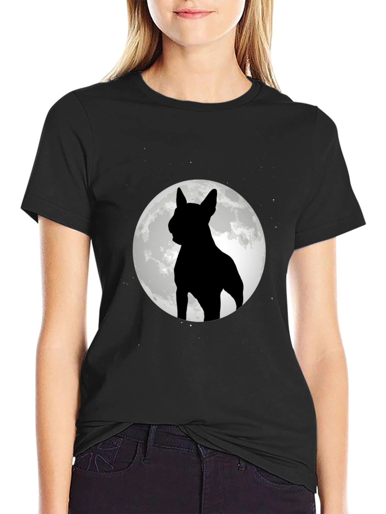 Dog Silhouette Moon Graphic Tee - Black Cotton Blend