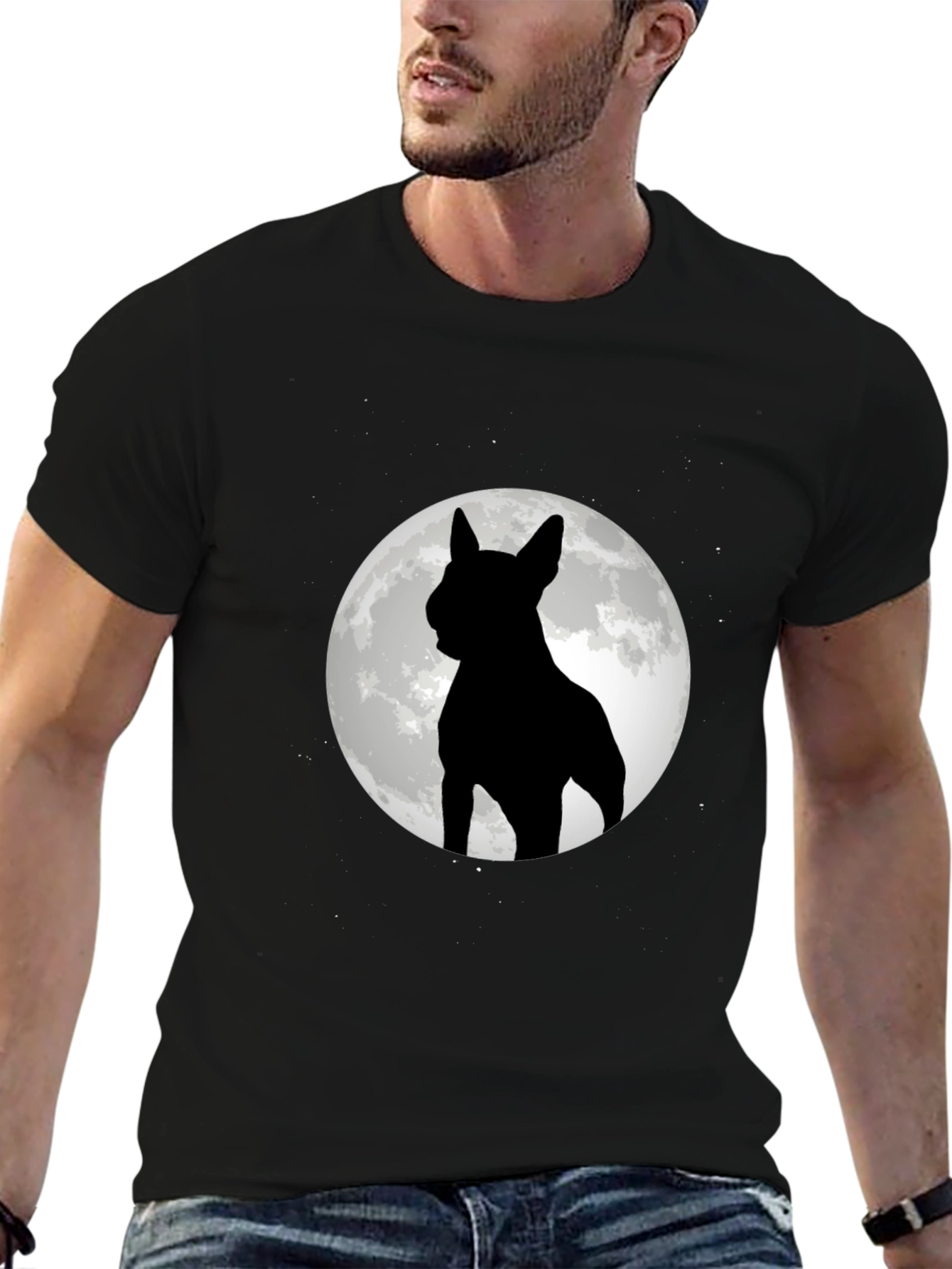 Dog Silhouette Moon Graphic Tee - Black Cotton Blend