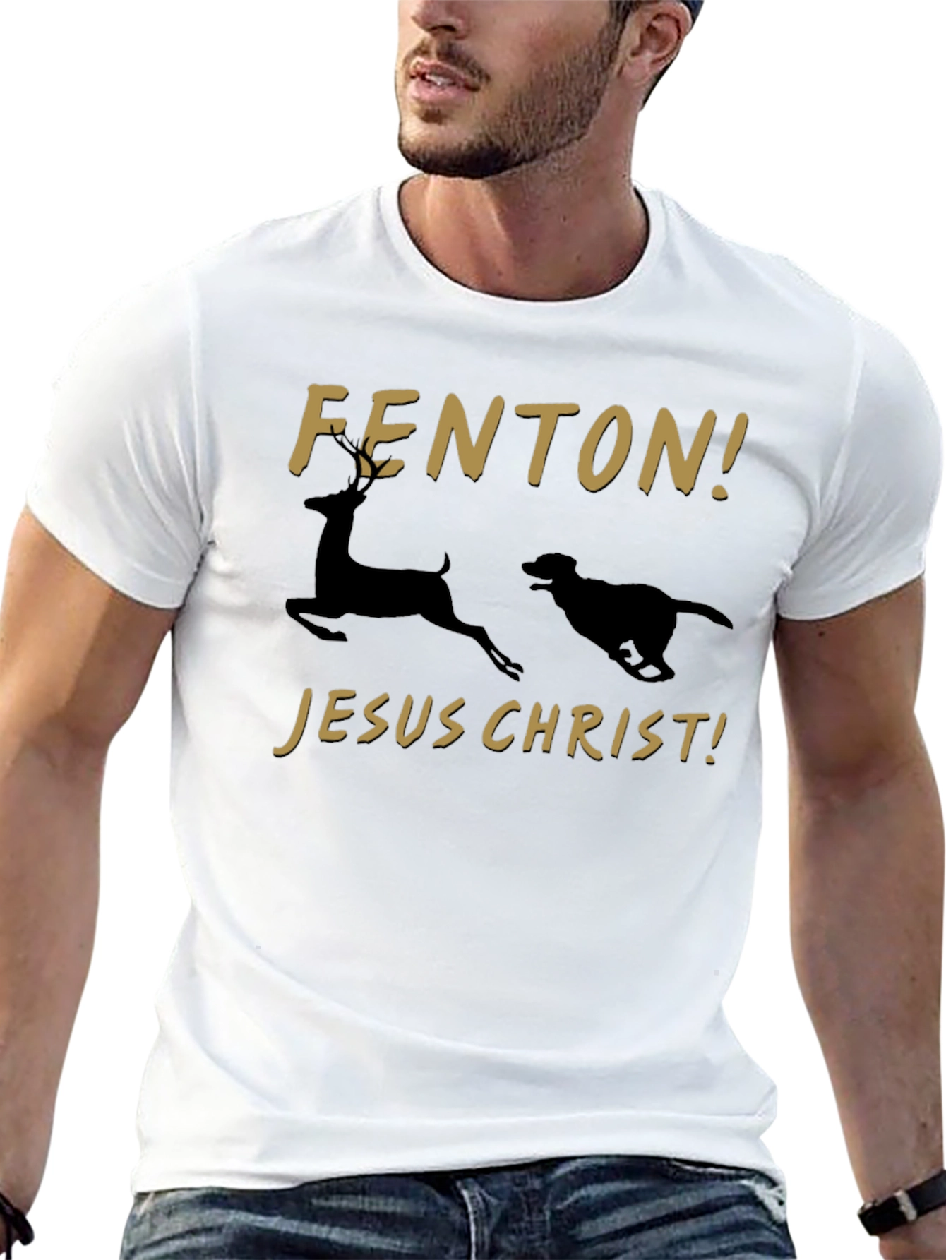 Fenton! Jesus Christ! T-Shirt Deer and Dog Running