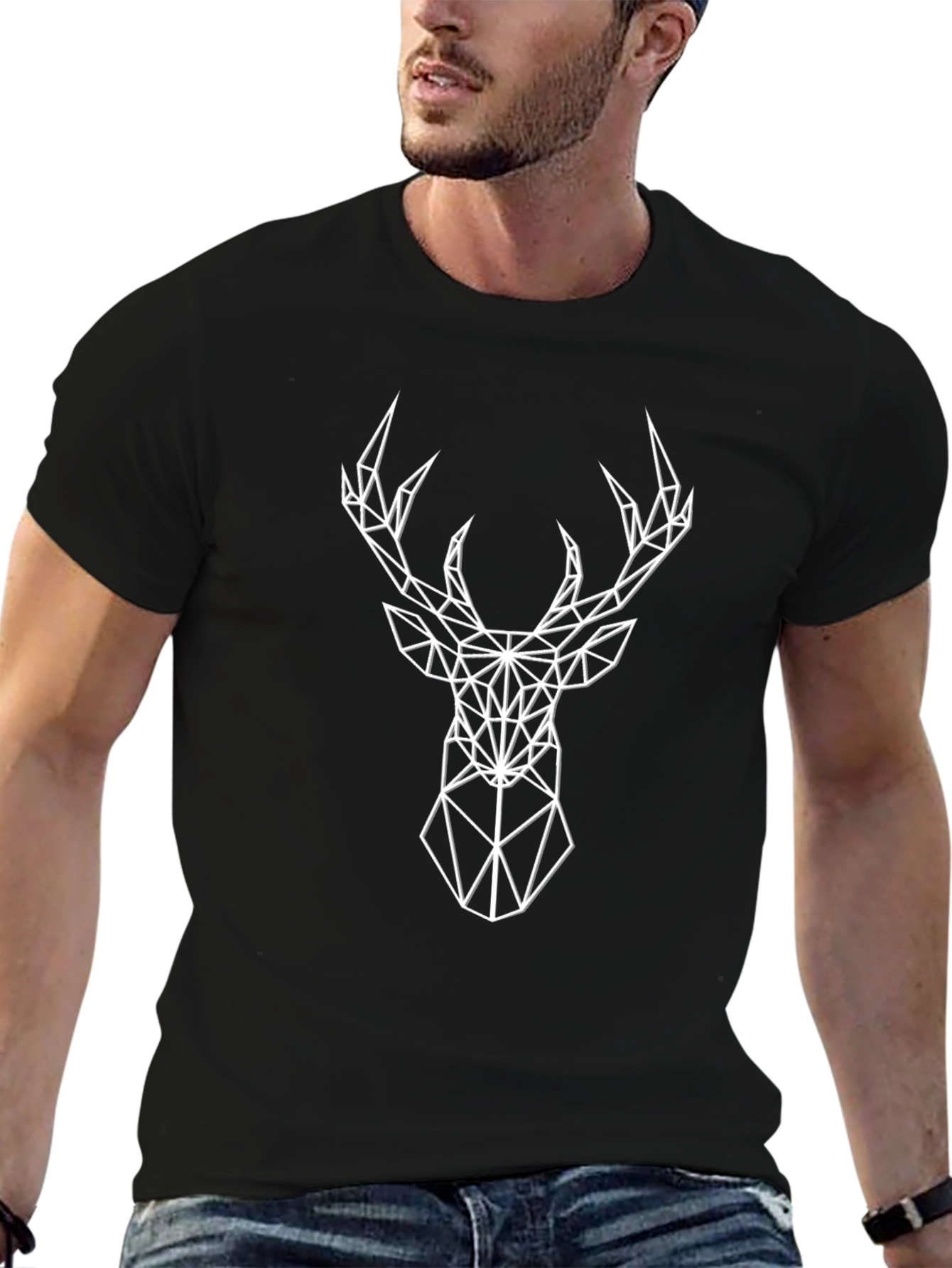 Geometric Deer Head Graphic Tee - Black