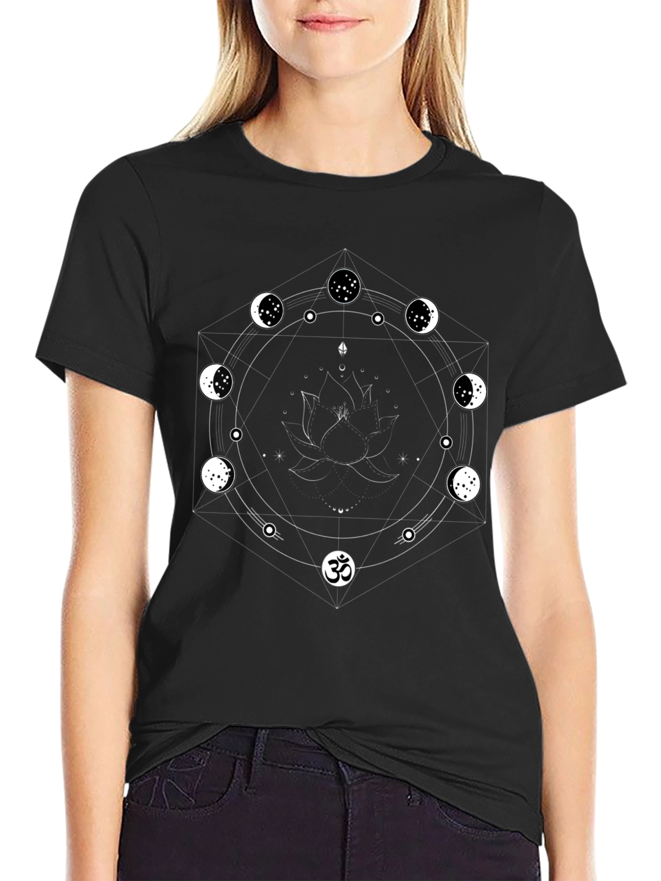 Mystic Moon Phase Lotus Mens Black T-Shirt