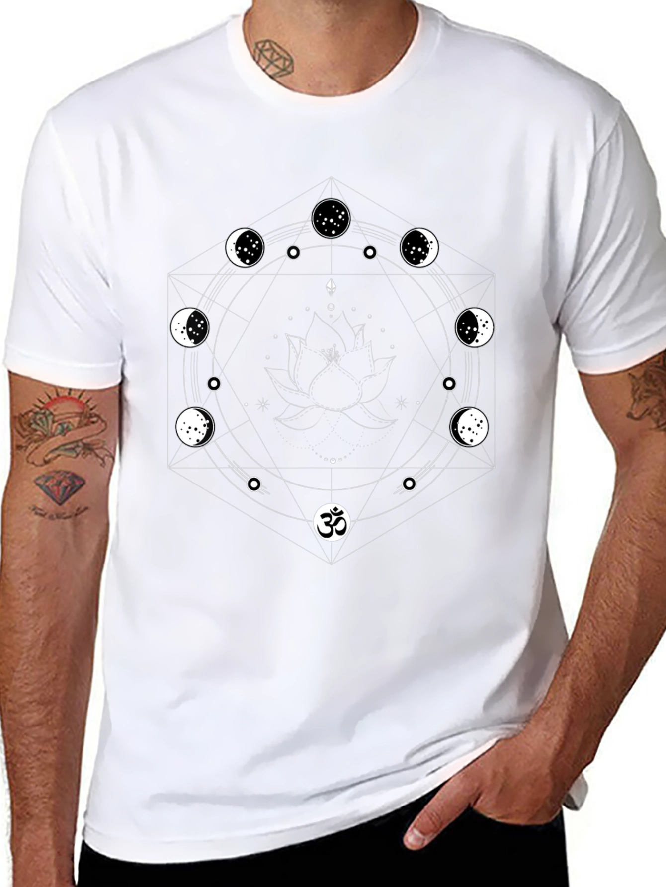 Mystic Moon Phase Lotus Mens Black T-Shirt