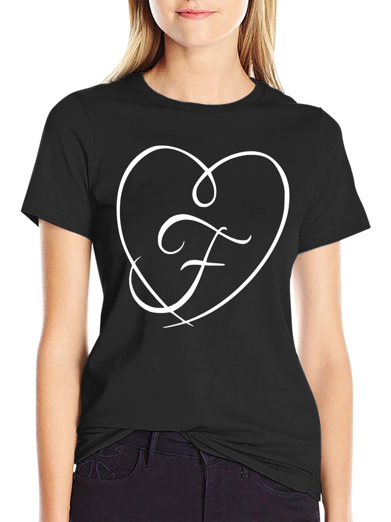 Heart & Initial F Black T-Shirt