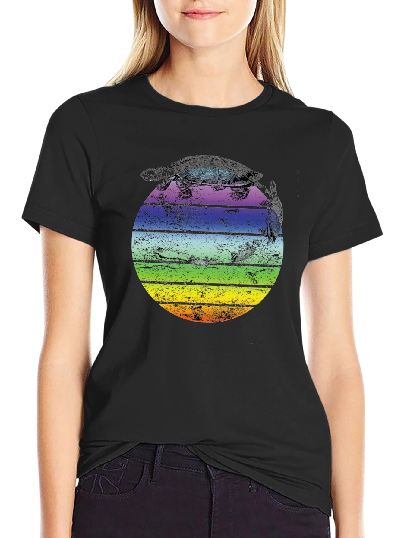 Retro Turtle Sunset Graphic T-Shirt - Unisex Black Tee