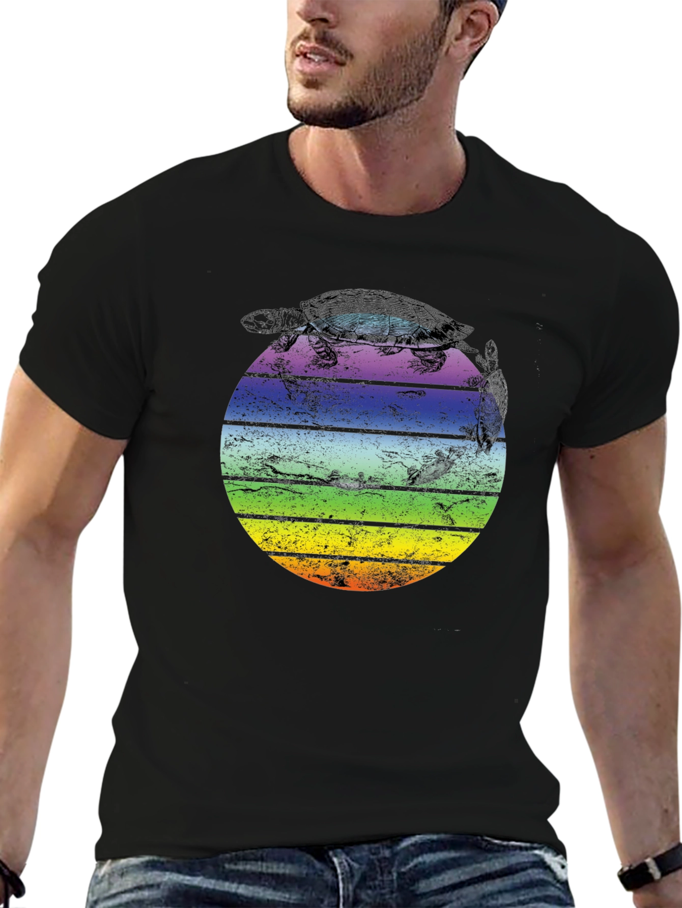 Retro Turtle Sunset Graphic T-Shirt - Unisex Black Tee