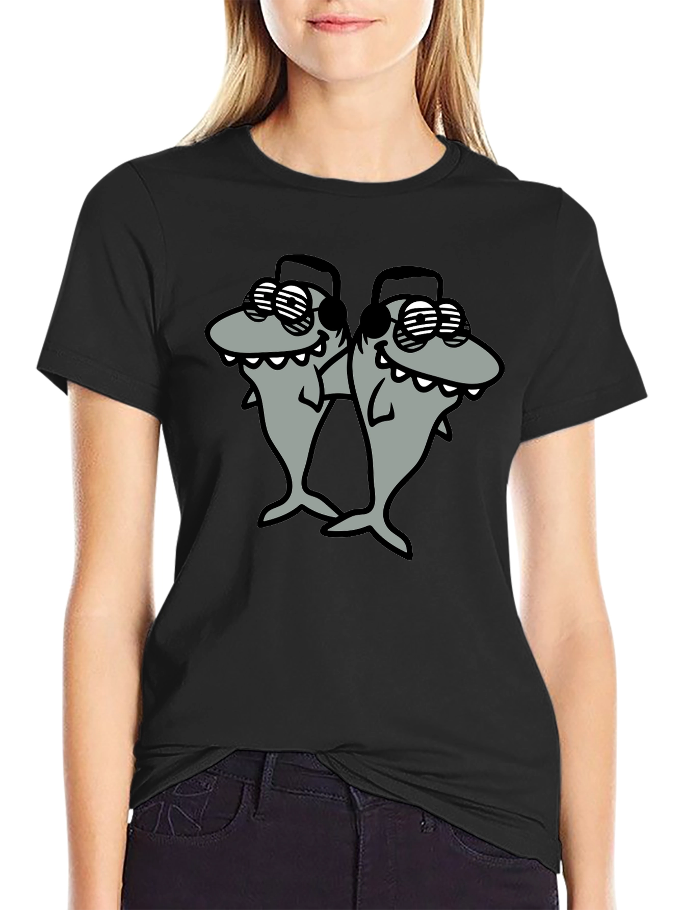 Shark DJ Black T-Shirt - Cool Cartoon Graphic Tee