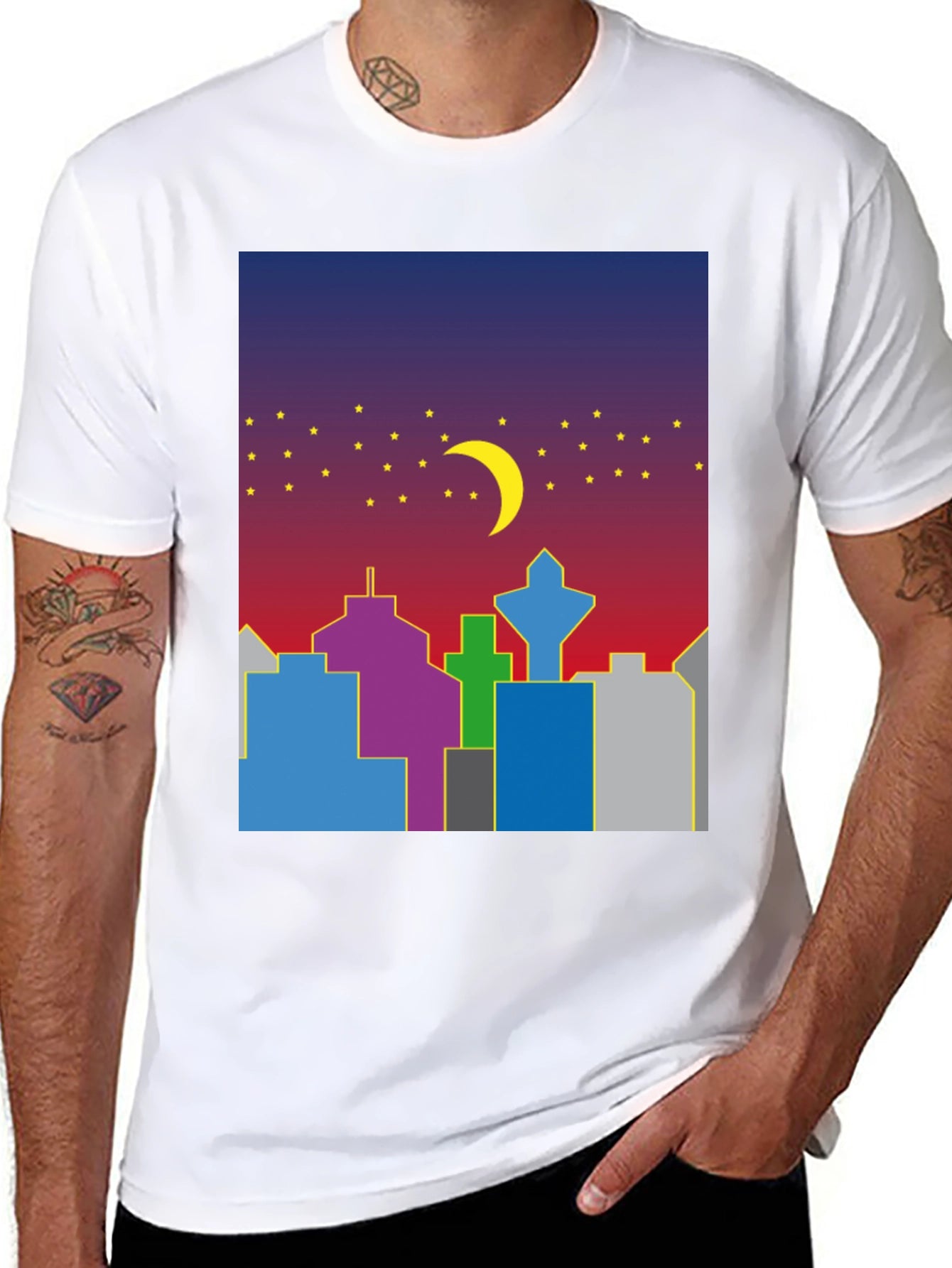 Cityscape Moon Graphic Tee - Cool Night Sky Design