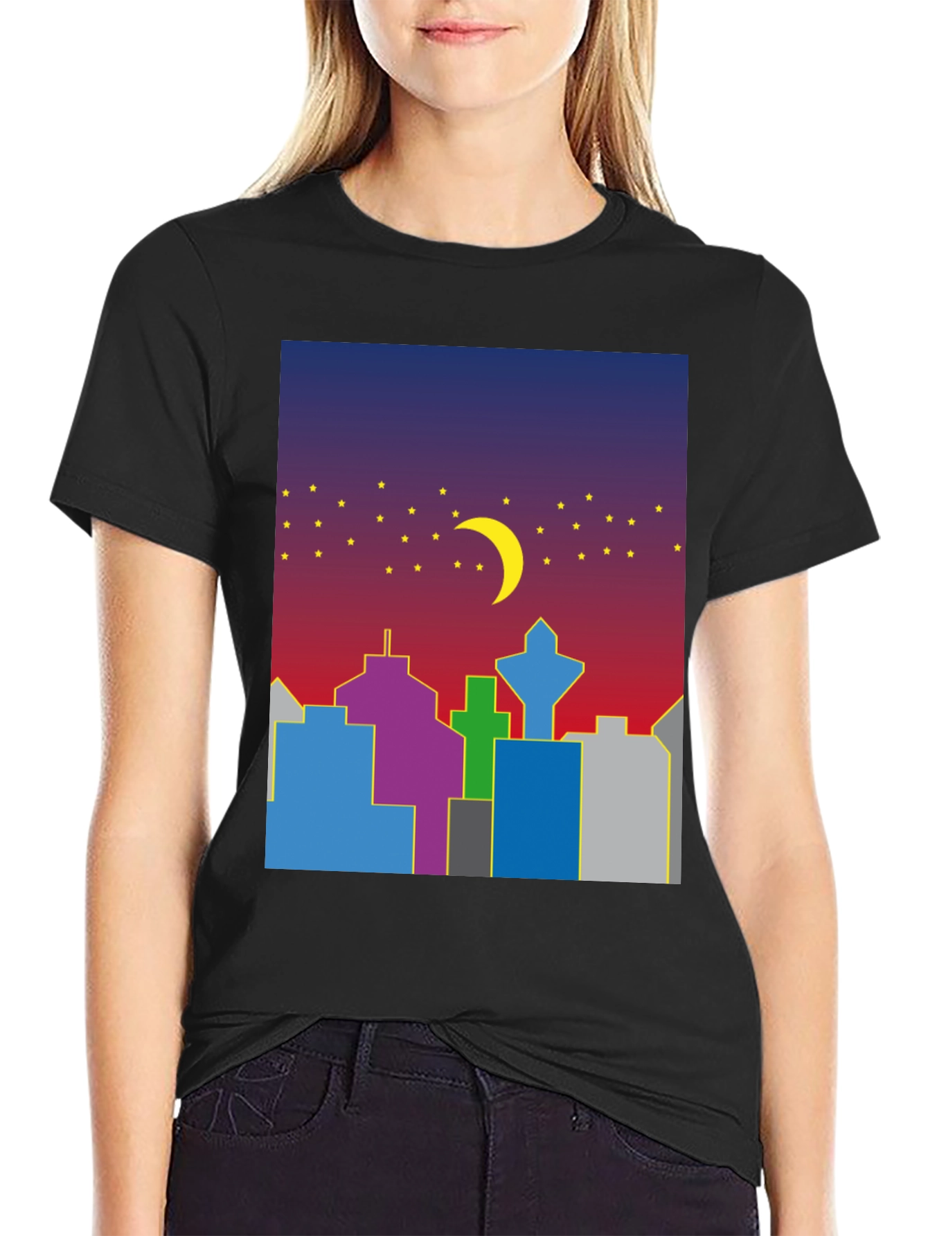 Cityscape Moon Graphic Tee - Cool Night Sky Design
