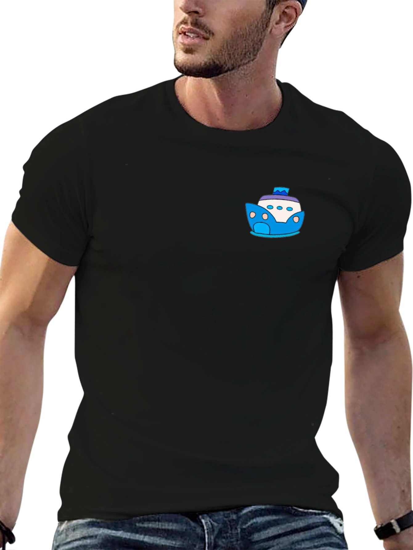 Black T-Shirt with Cartoon Boat Graphic