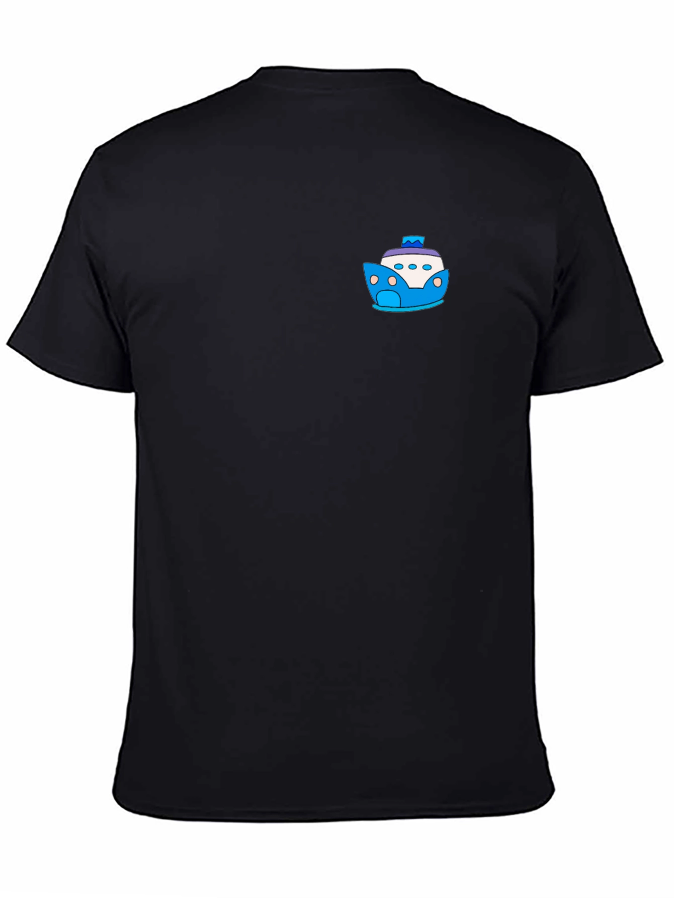 Black T-Shirt with Cartoon Boat Graphic
