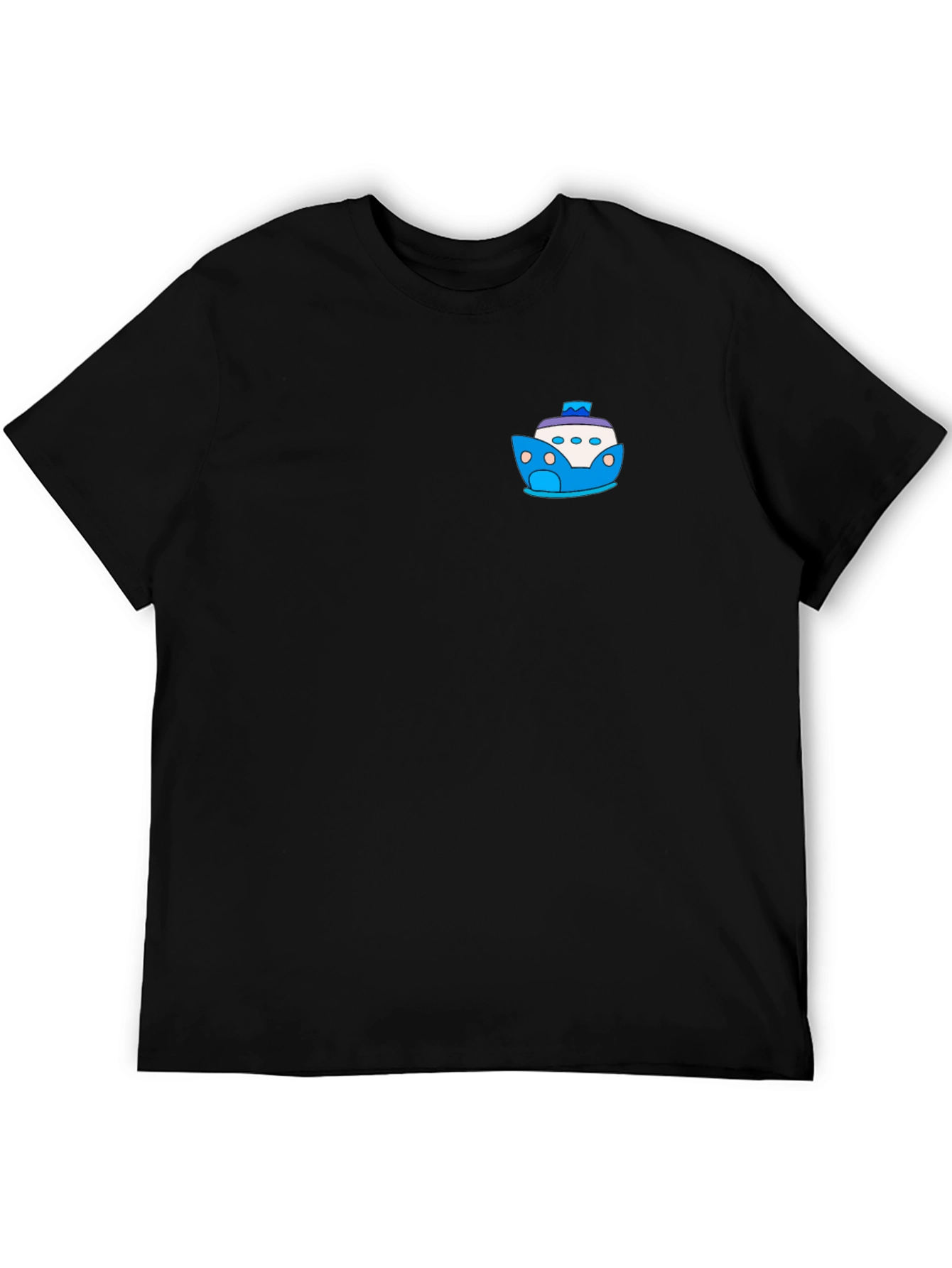 Black T-Shirt with Cartoon Boat Graphic