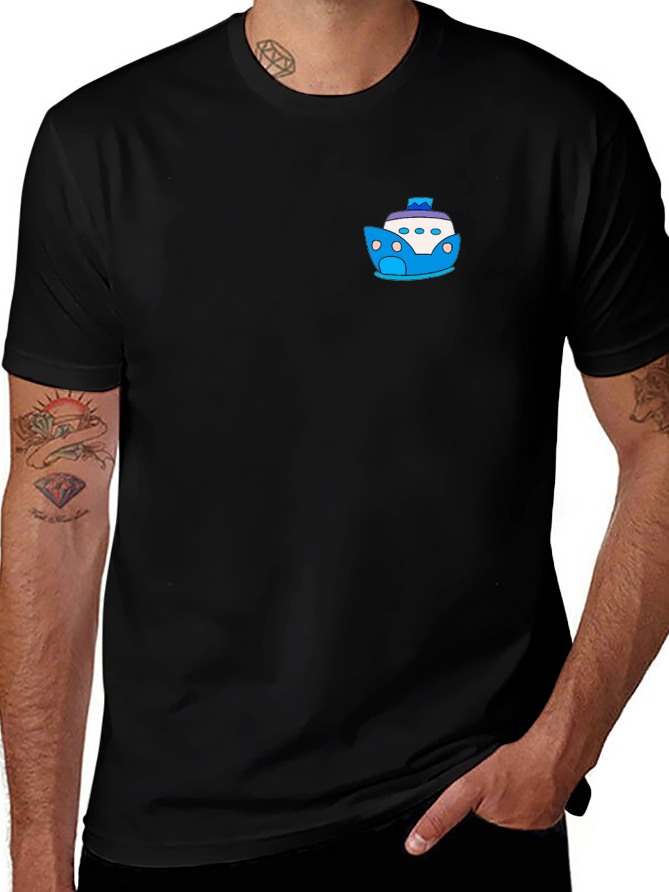 Black T-Shirt with Cartoon Boat Graphic