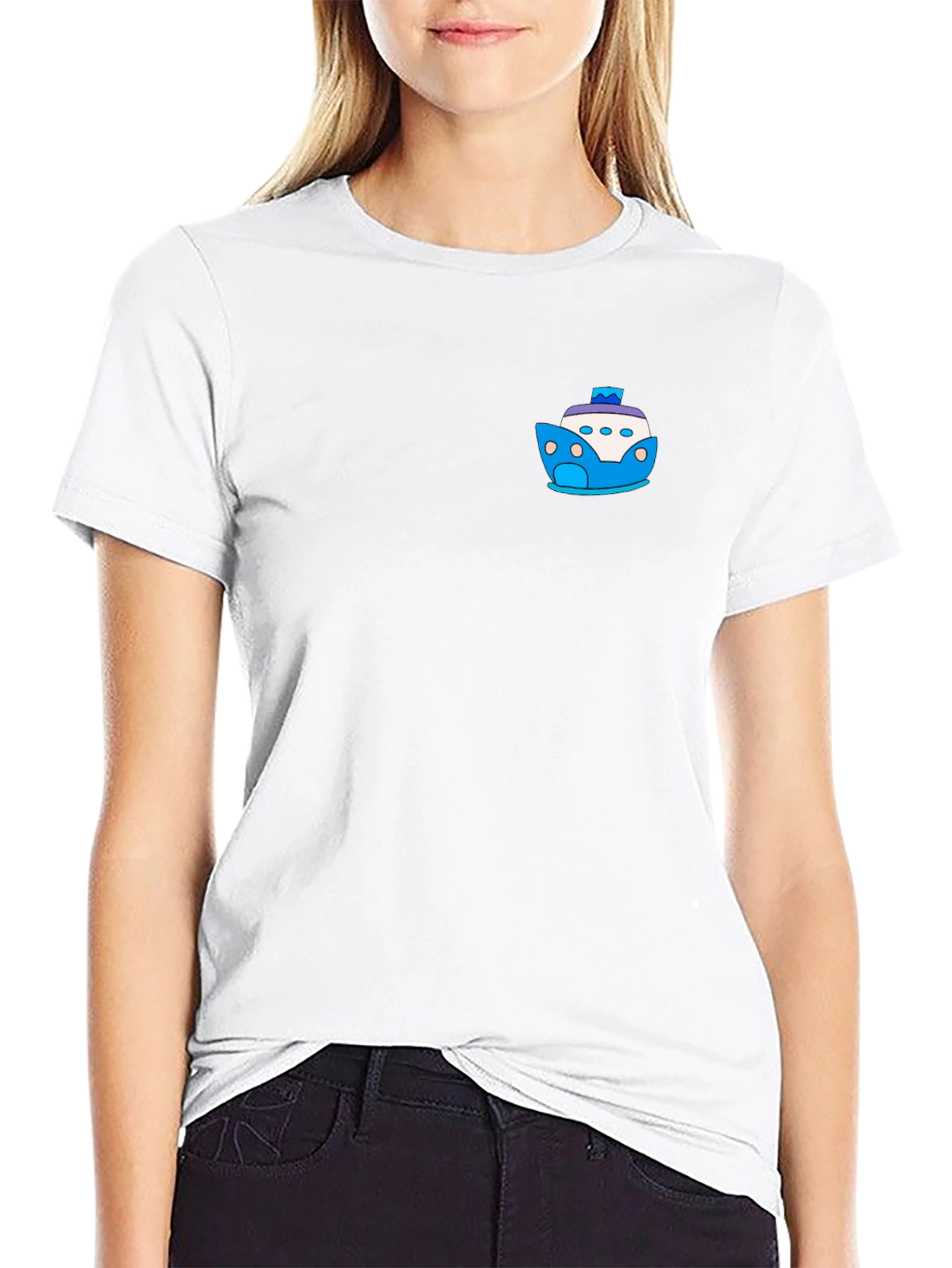 Black T-Shirt with Cartoon Boat Graphic