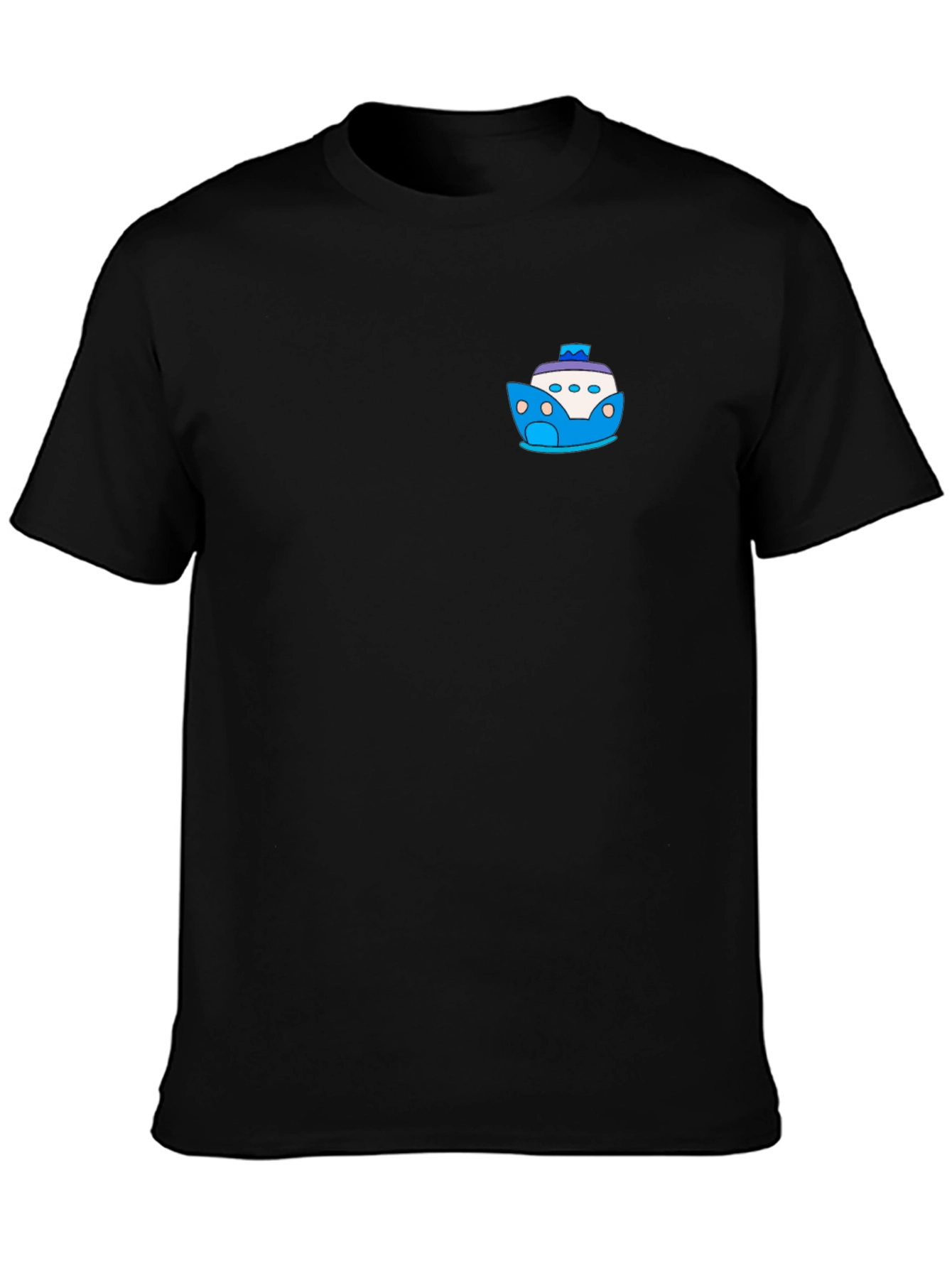 Black T-Shirt with Cartoon Boat Graphic
