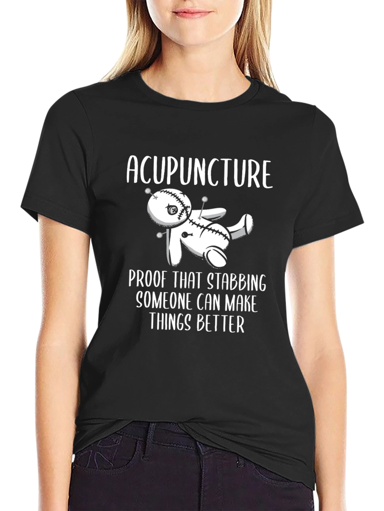 Acupuncture Stabbing Voodoo Doll Funny Black T-Shirt