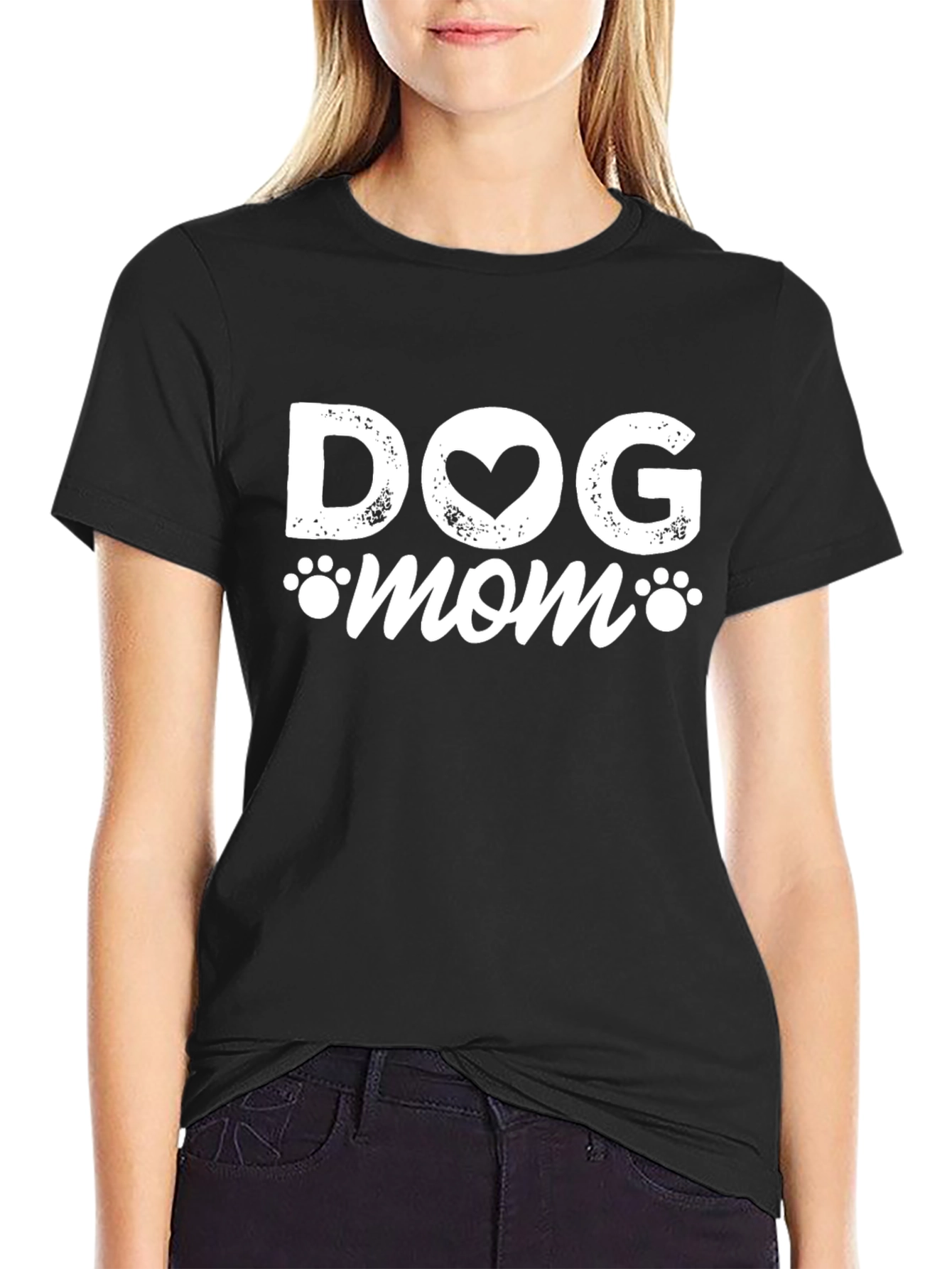 Dog Mom Black T-Shirt with Heart Paw Prints