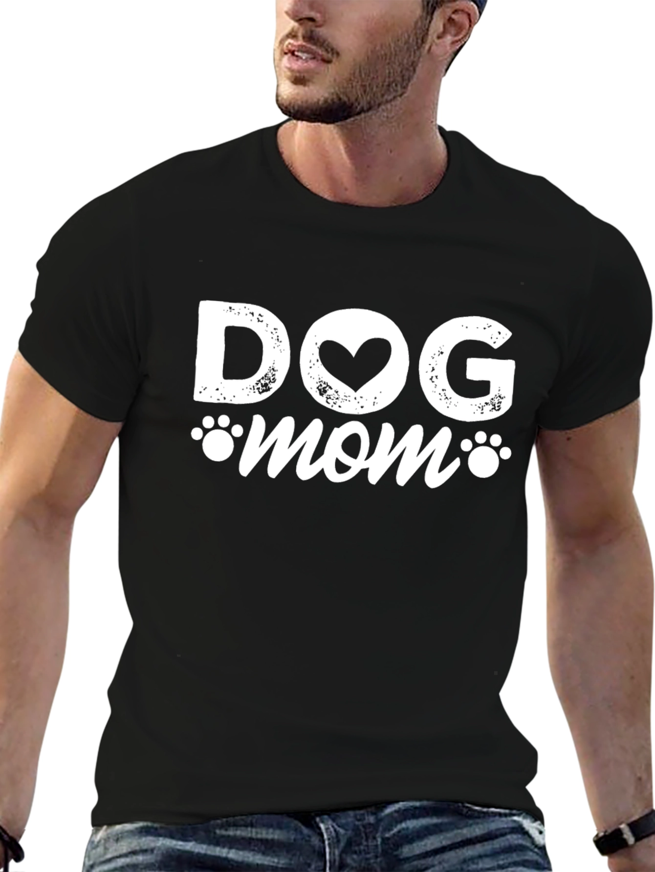 Dog Mom Black T-Shirt with Heart Paw Prints