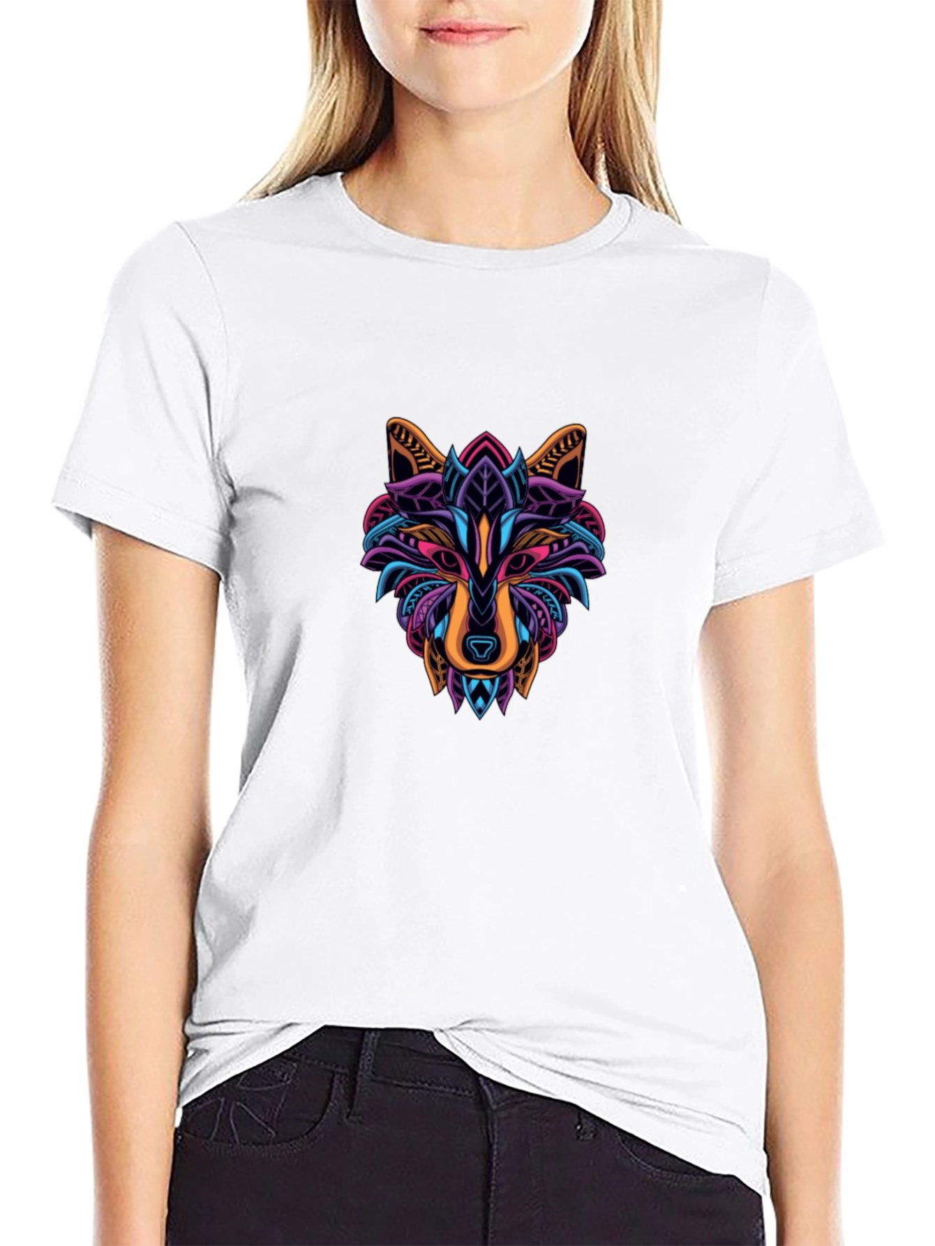Abstract Geometric Wolf Graphic Tee - Black