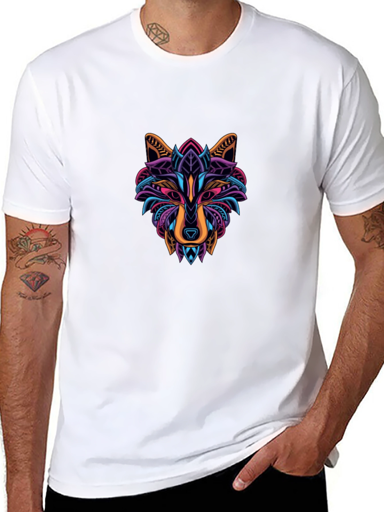 Abstract Geometric Wolf Graphic Tee - Black