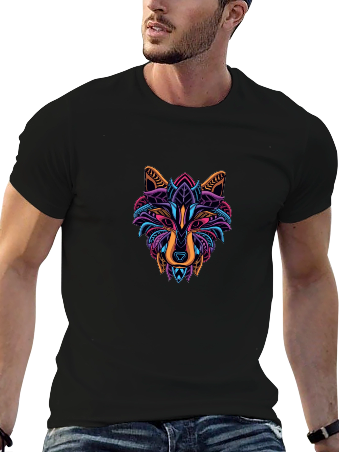 Abstract Geometric Wolf Graphic Tee - Black