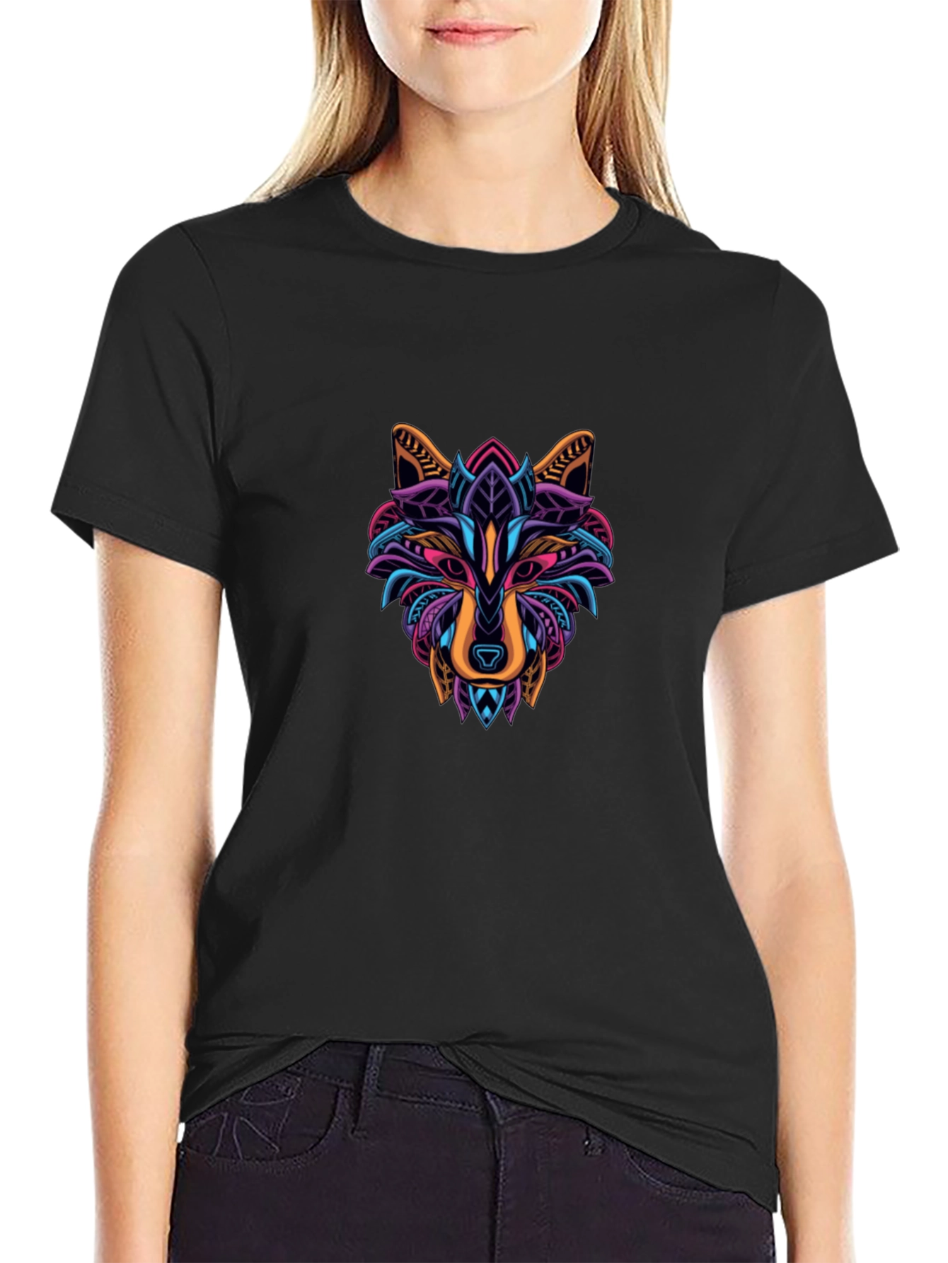 Abstract Geometric Wolf Graphic Tee - Black