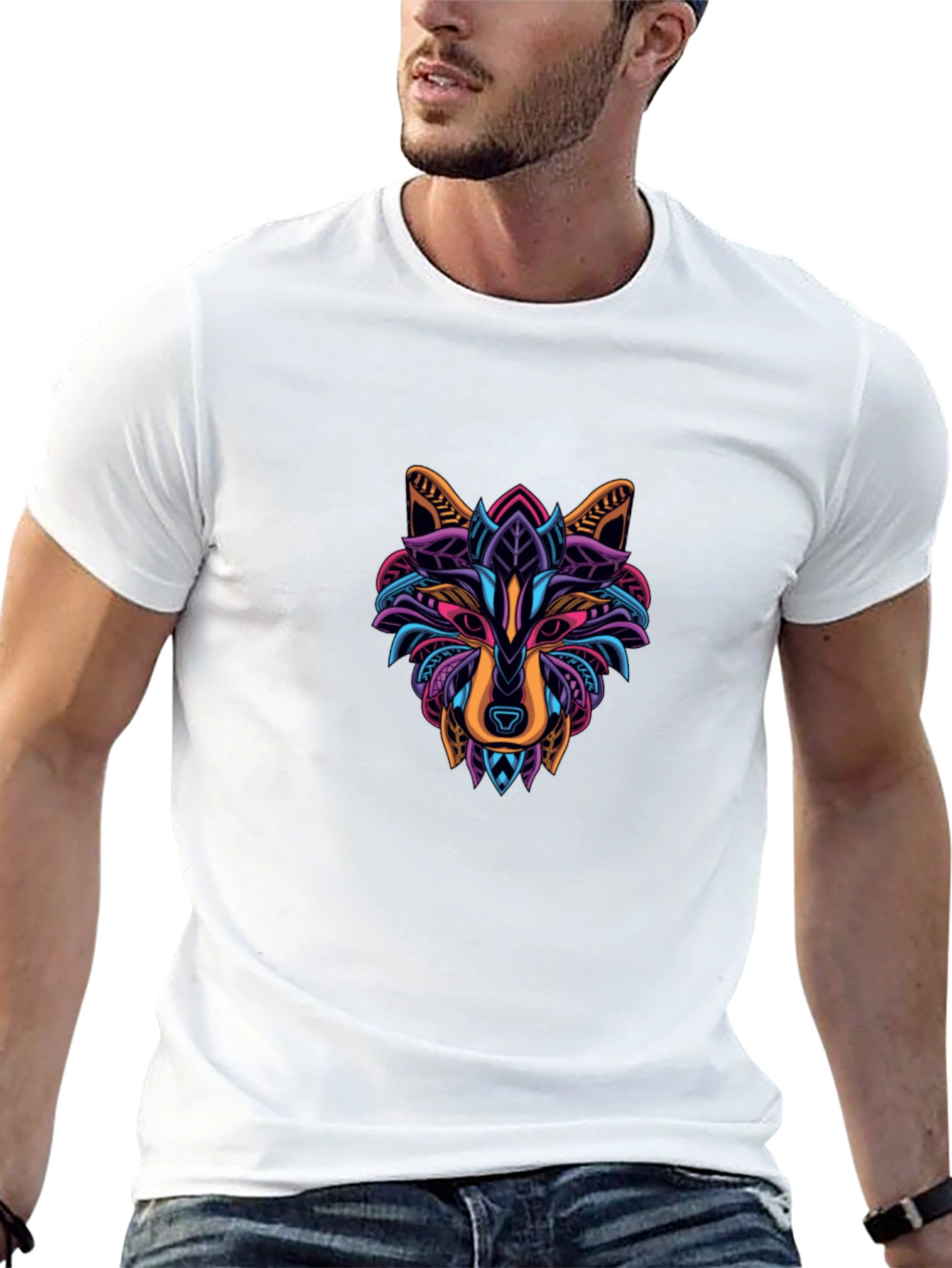 Abstract Geometric Wolf Graphic Tee - Black