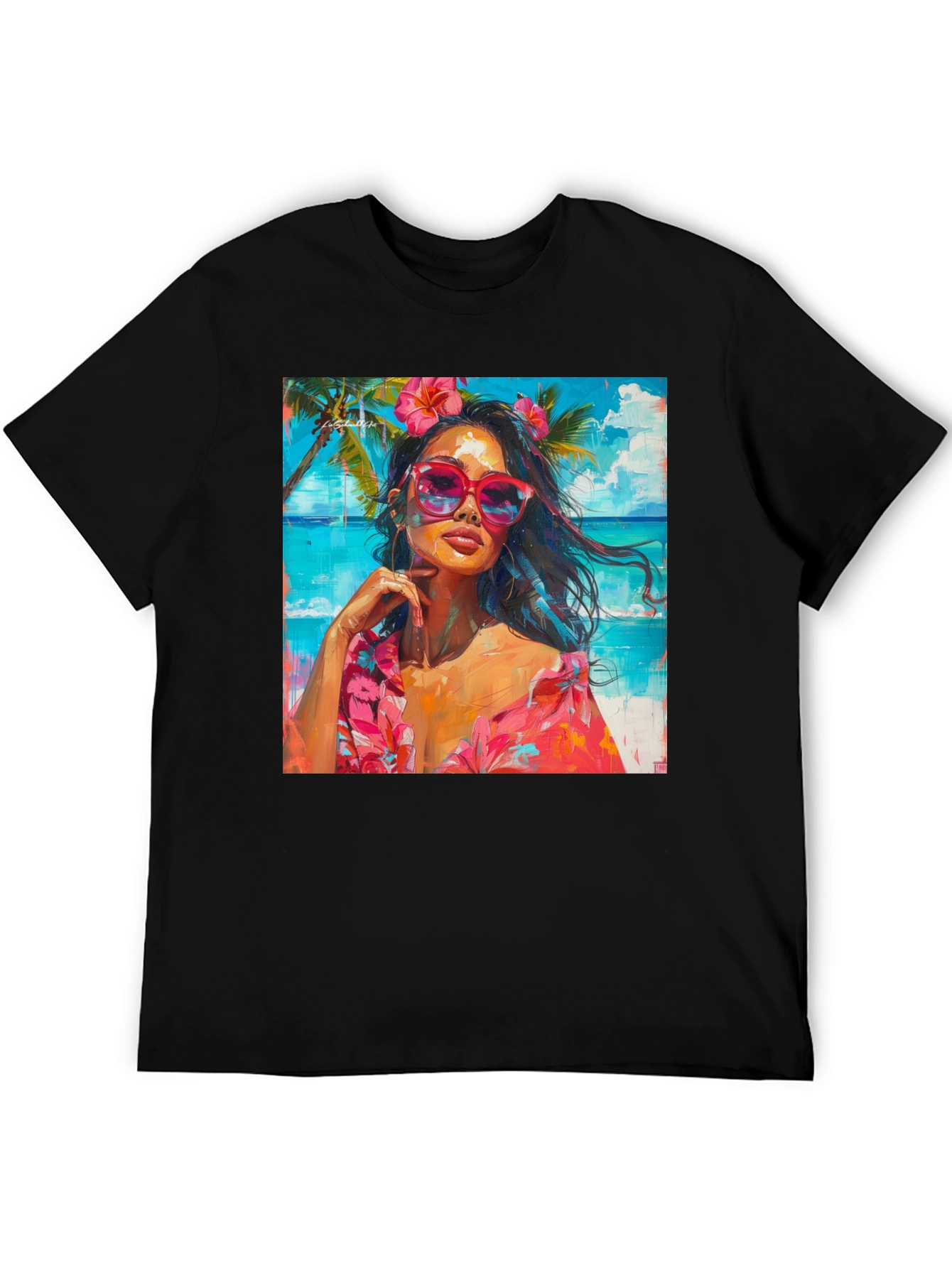 Tropical Beach Woman Graphic Print Black T-Shirt