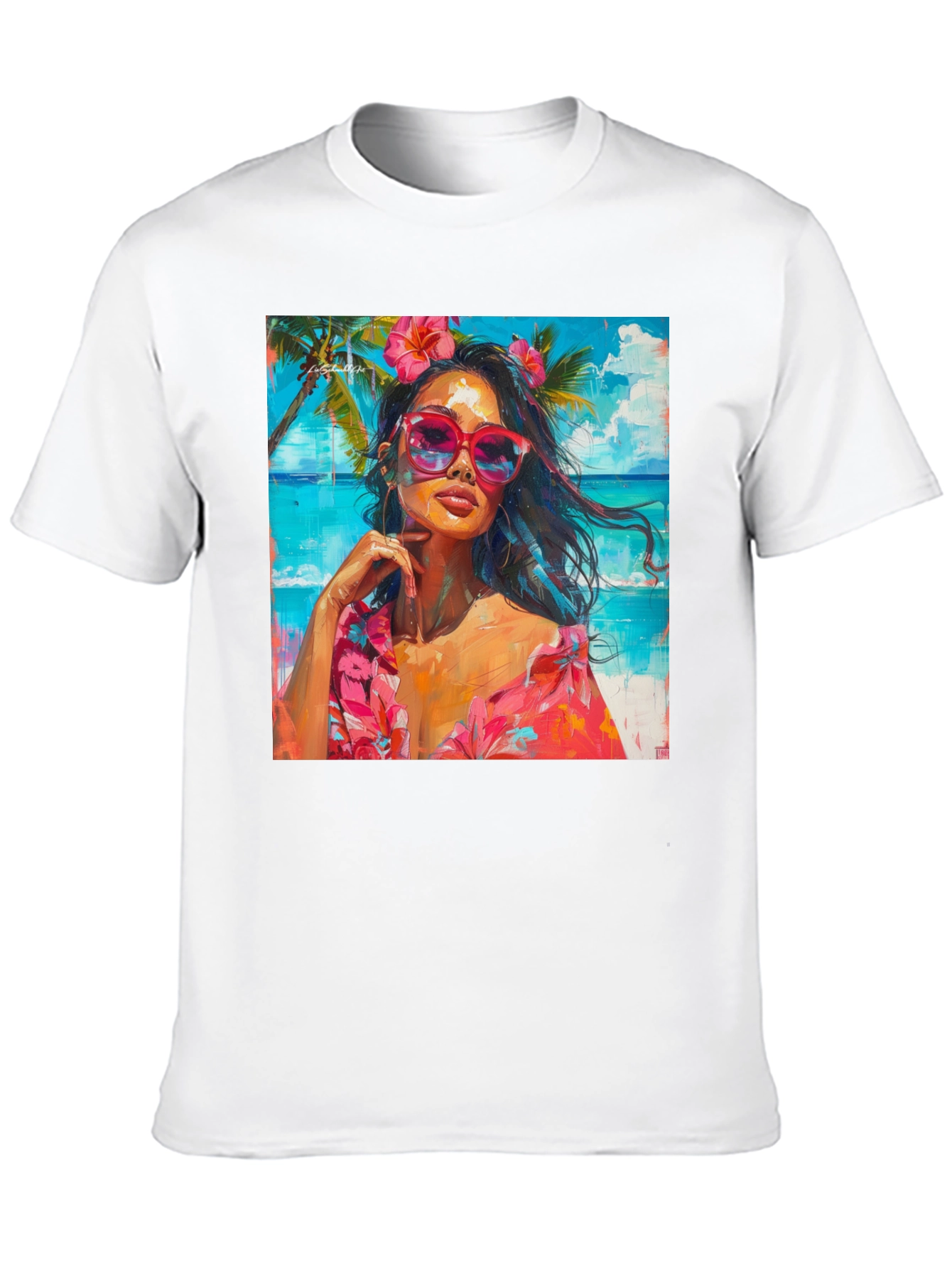 Tropical Beach Woman Graphic Print Black T-Shirt