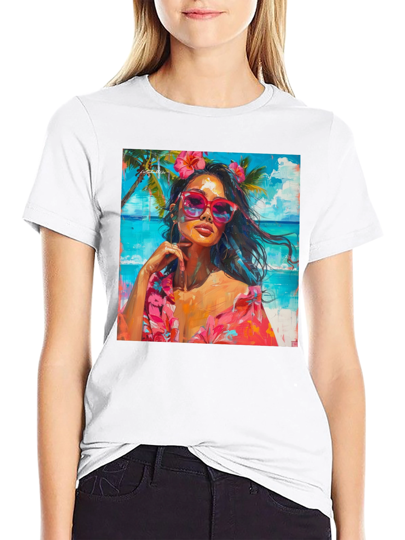 Tropical Beach Woman Graphic Print Black T-Shirt