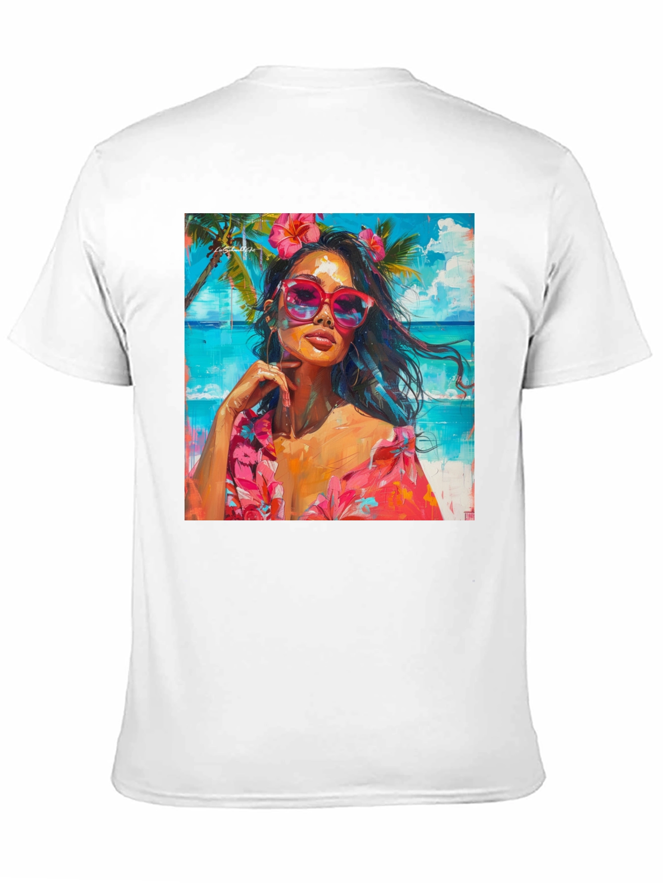 Tropical Beach Woman Graphic Print Black T-Shirt