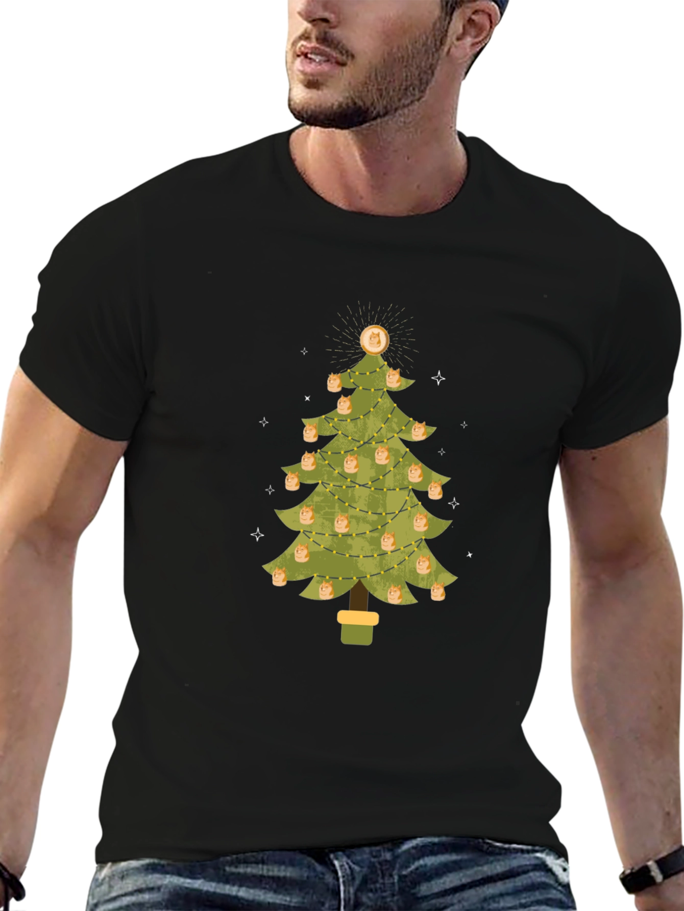 Dogecoin Christmas Tree Graphic Tee - Holiday Crypto Shirt
