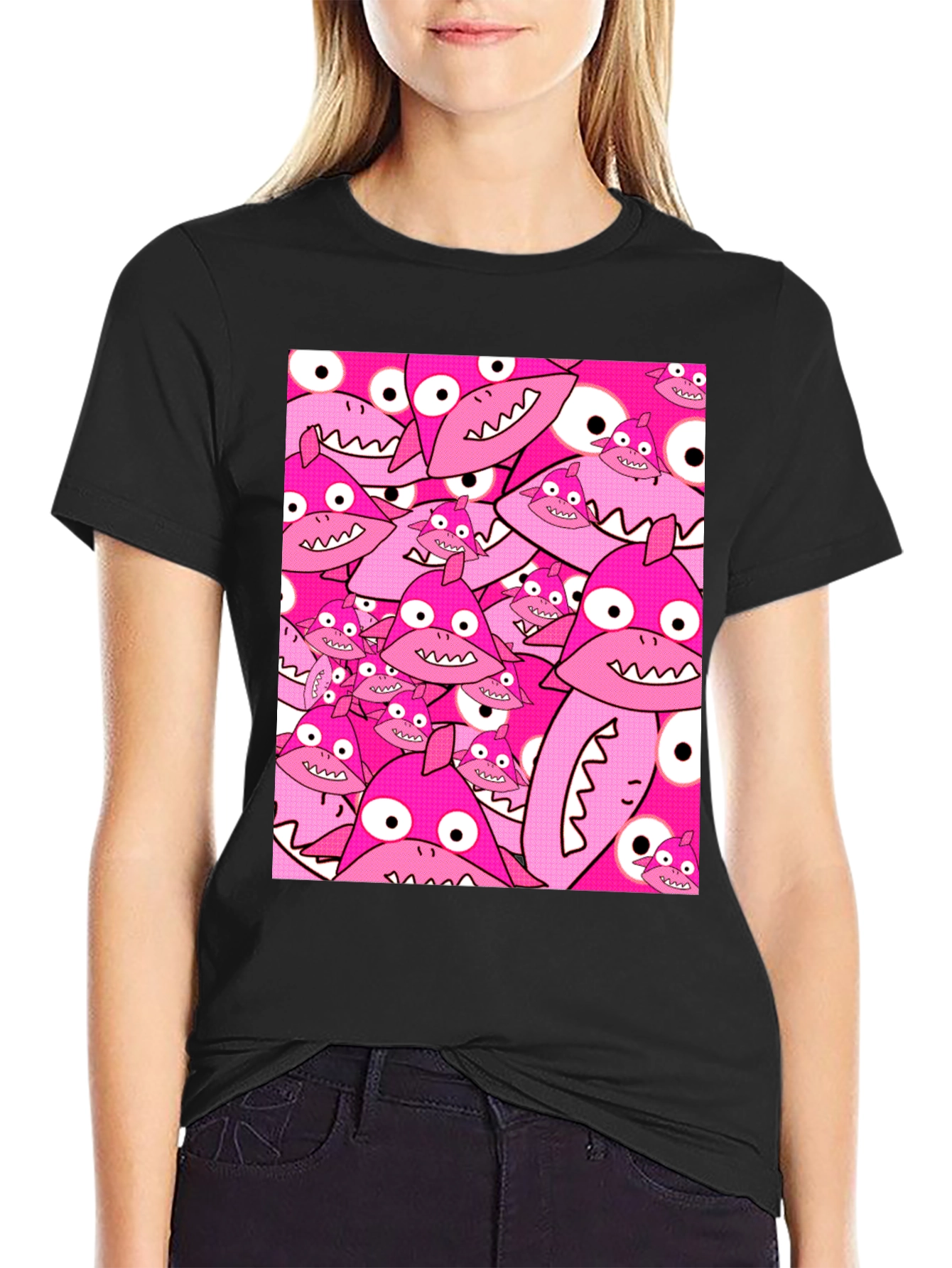 Pink Shark Pattern Black T-Shirt