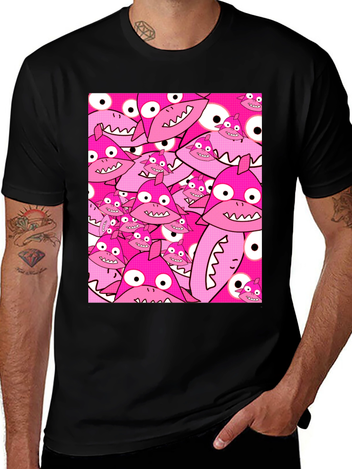 Pink Shark Pattern Black T-Shirt