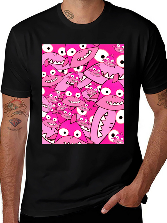 Pink Shark Pattern Black T-Shirt