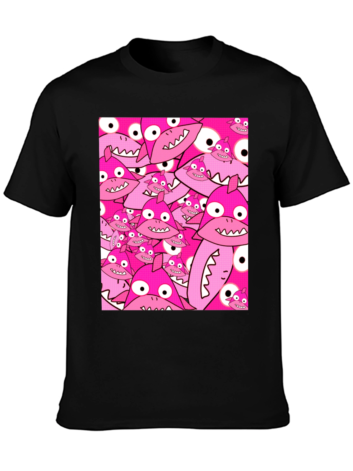 Pink Shark Pattern Black T-Shirt