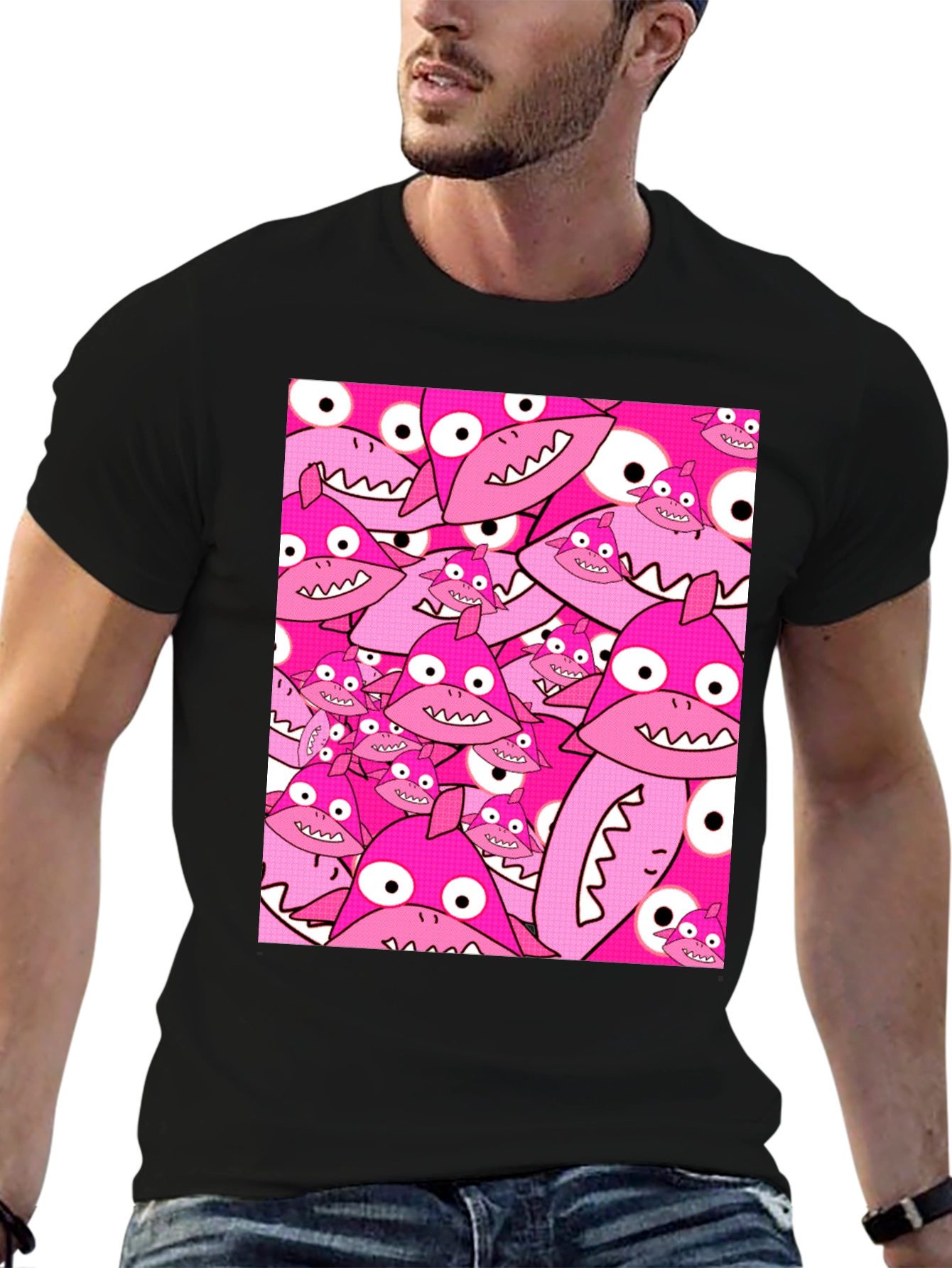 Pink Shark Pattern Black T-Shirt