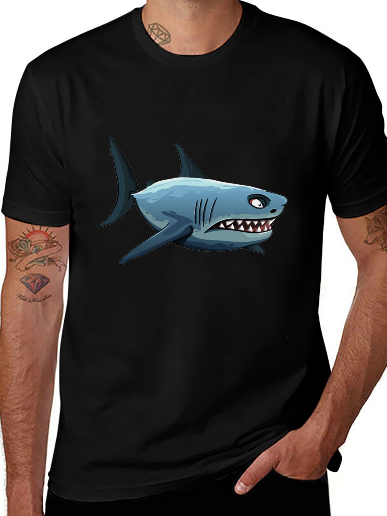 Mens Shark Cartoon Graphic Black T-Shirt