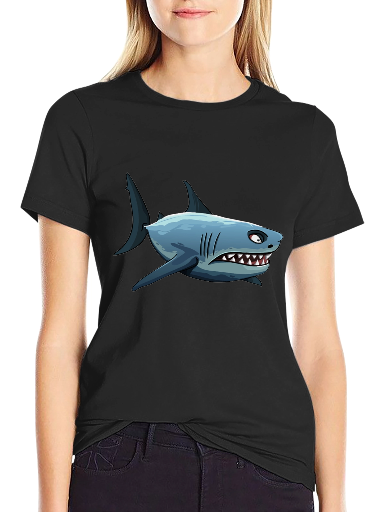 Mens Shark Cartoon Graphic Black T-Shirt