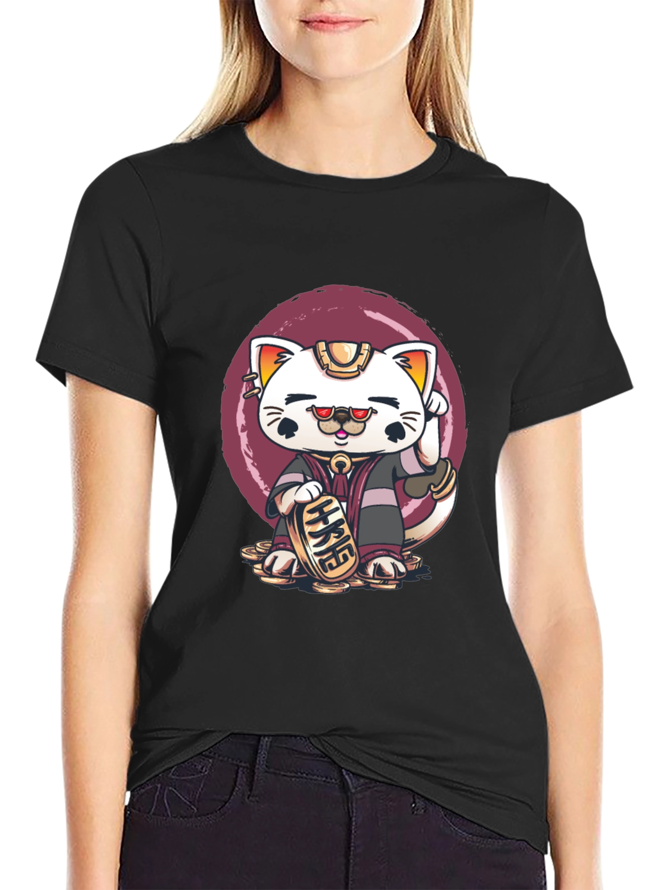 Lucky Cat Graphic Tee - Black Cotton T-Shirt