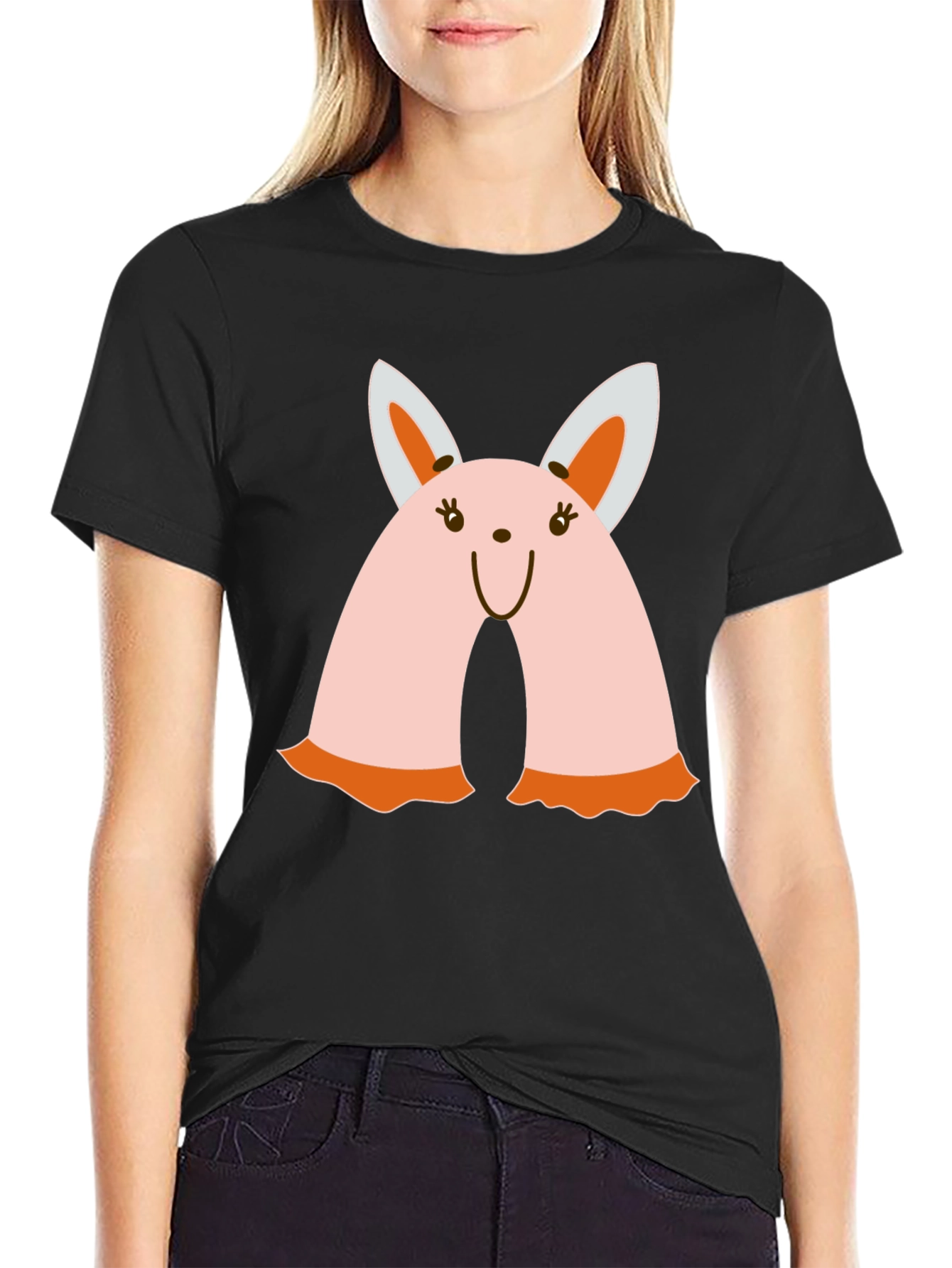 Cute Bunny Graphic Tee - Black Crew Neck