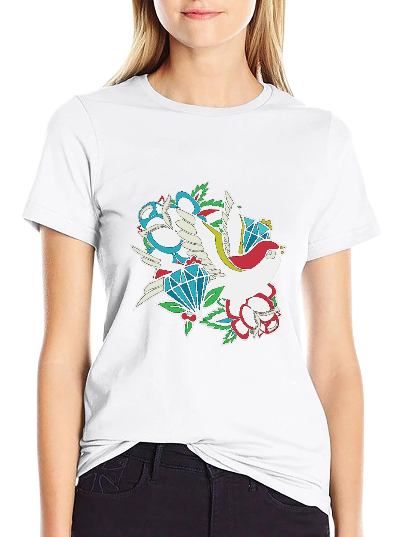 Bird & Diamond Graphic Print Black Tee