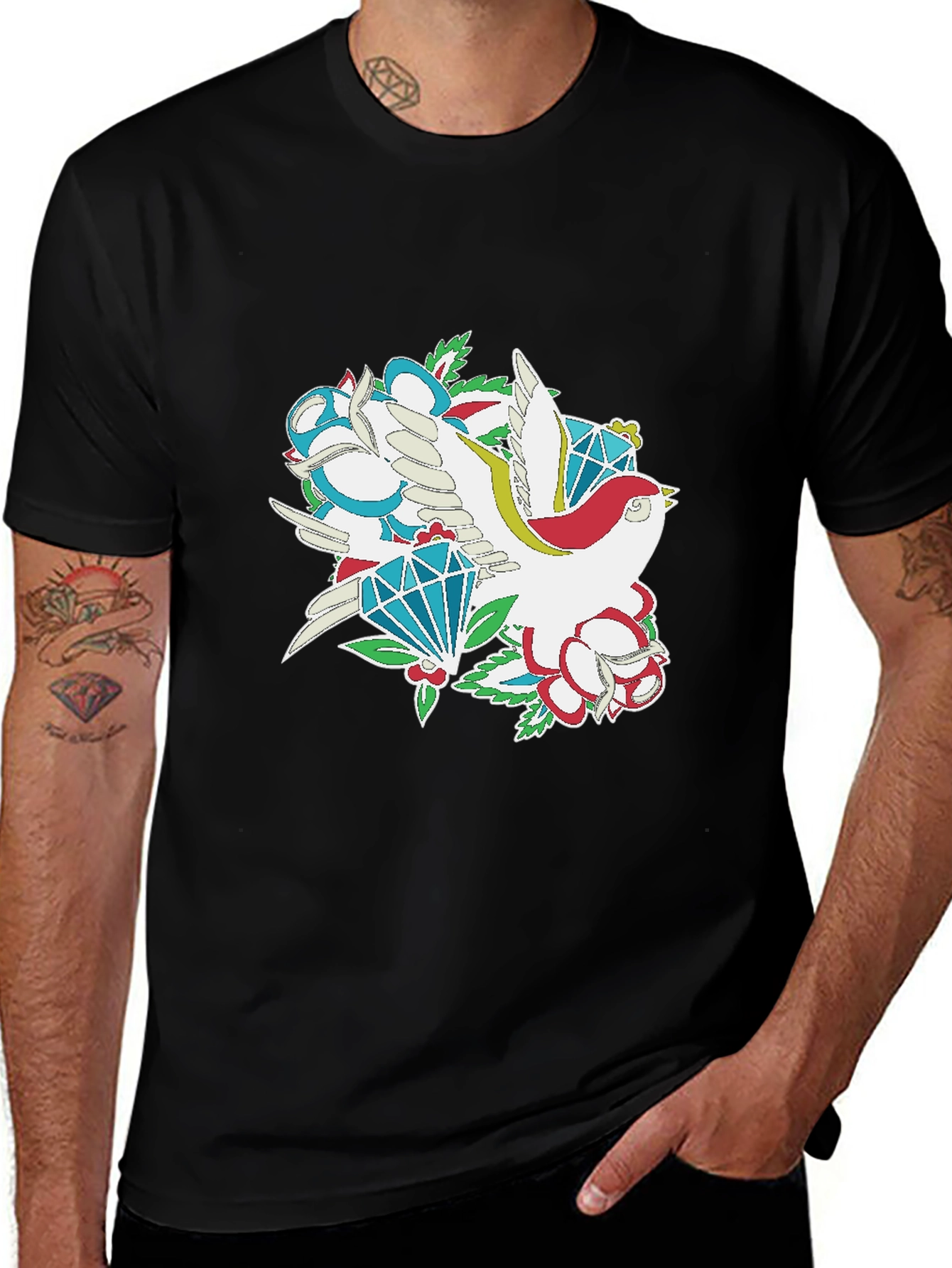 Bird & Diamond Graphic Print Black Tee