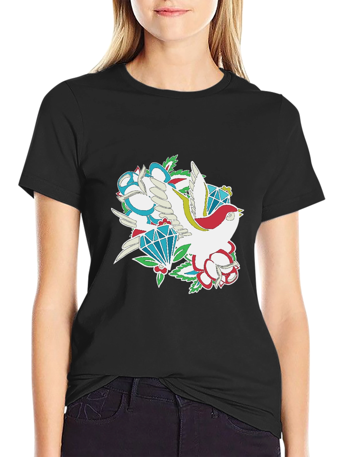 Bird & Diamond Graphic Print Black Tee