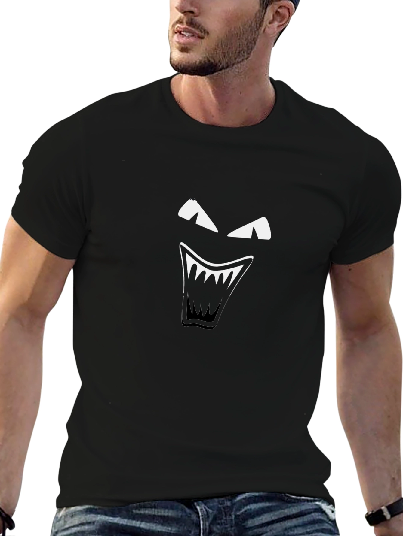 Mens Black T-Shirt with Graphic Monster Face