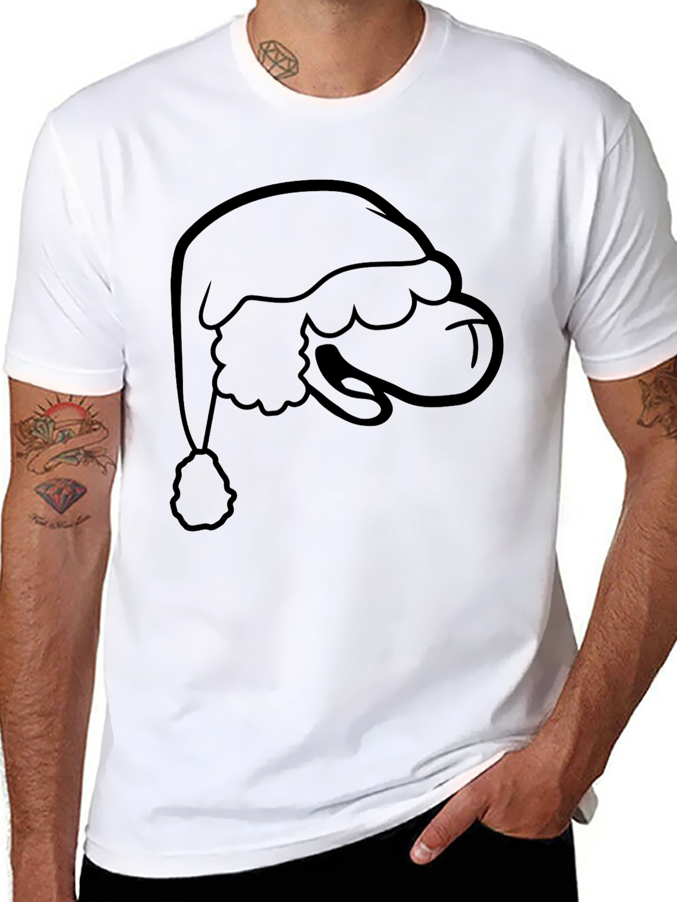 Santa Hat Graphic Tee - Black Cotton Holiday Shirt