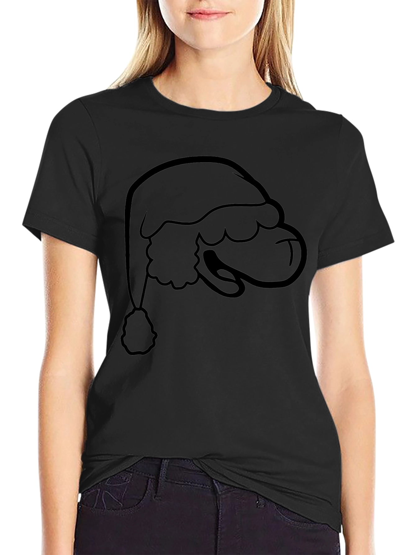 Santa Hat Graphic Tee - Black Cotton Holiday Shirt