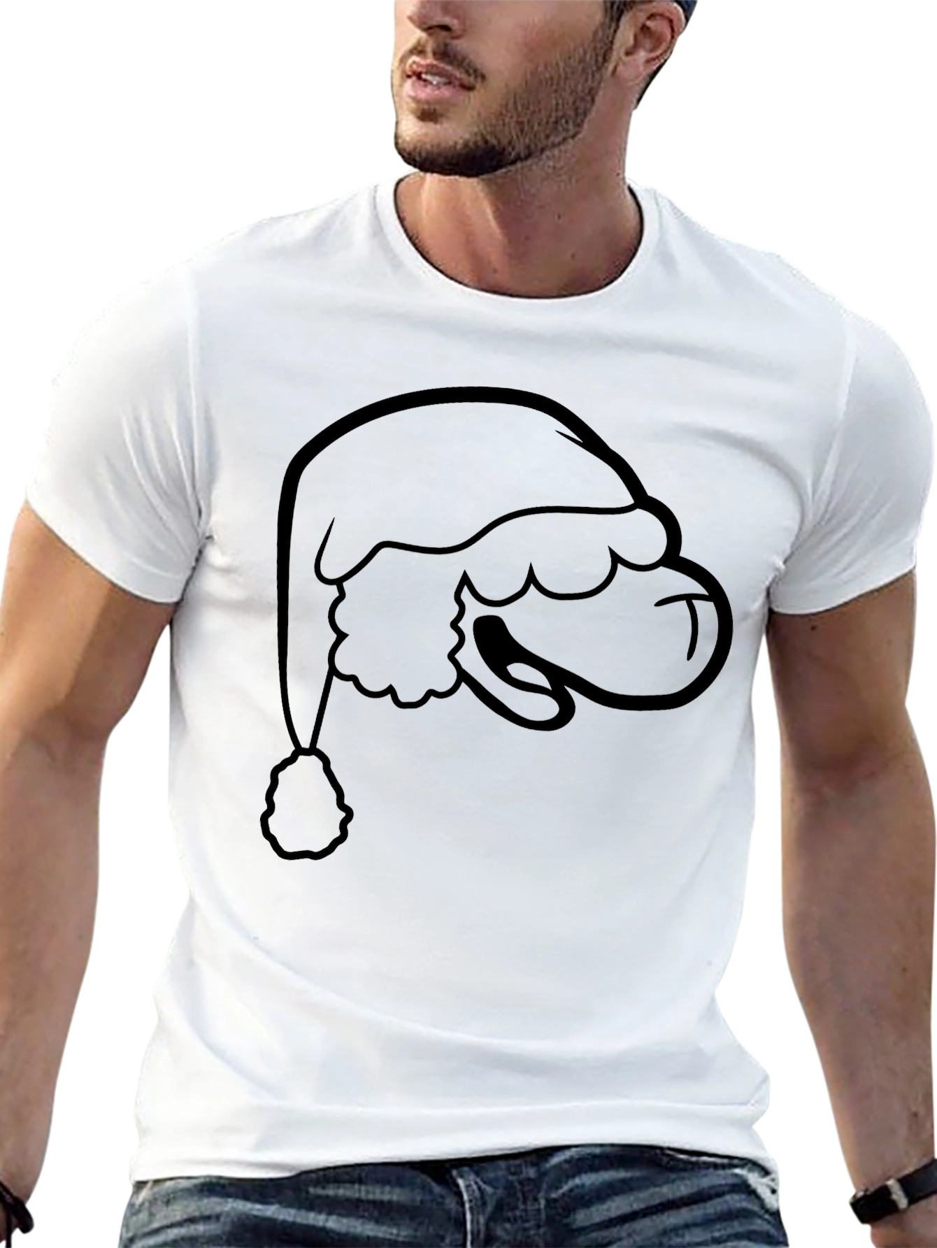 Santa Hat Graphic Tee - Black Cotton Holiday Shirt